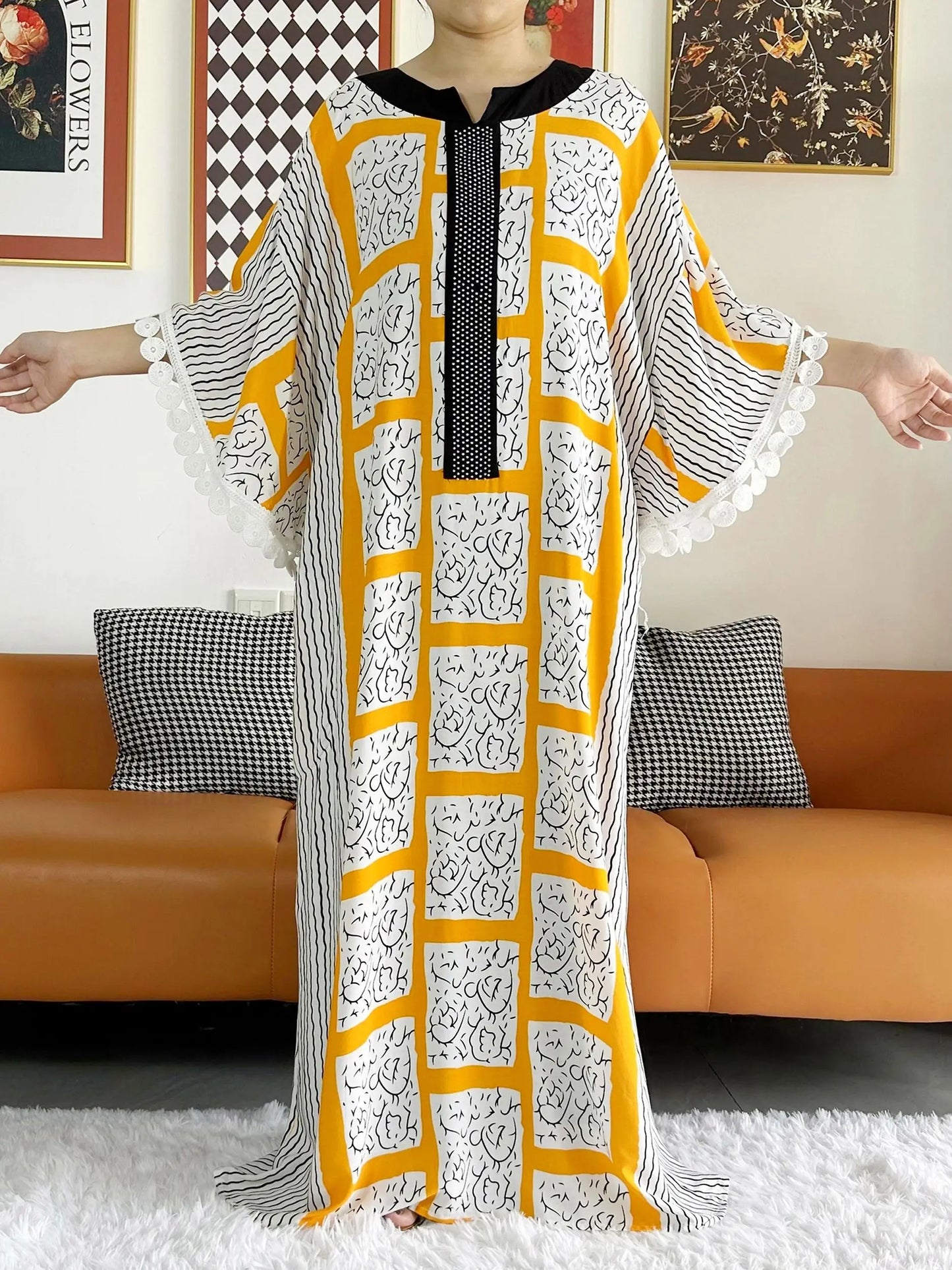 2023 African Lady Eid Dress with Big Scarf Cotton Wave Point Printed Loose Floral Boubou Maxi Islam Women Short Sleeve Abaya