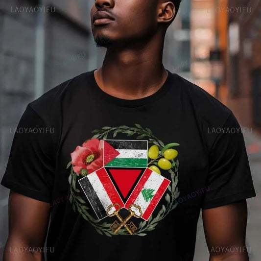 Trilogy of Brothers Palestinian Tshirt with Yemen Lebanon and Palestine Flags Graphic T-Shirt Harajuku Streetwear Cotton Man Tee