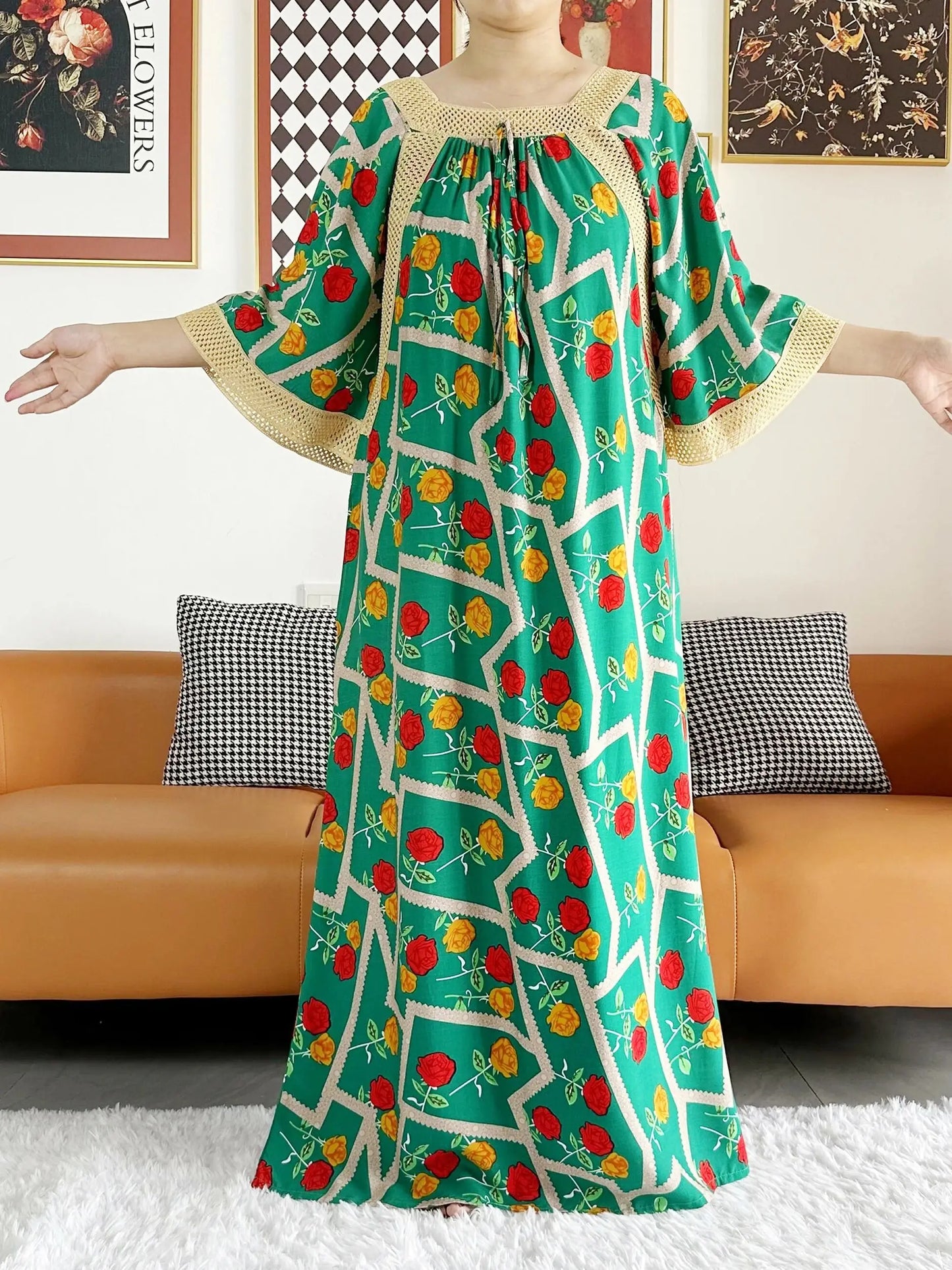 2023 African Lady Eid Dress with Big Scarf Cotton Wave Point Printed Loose Floral Boubou Maxi Islam Women Short Sleeve Abaya