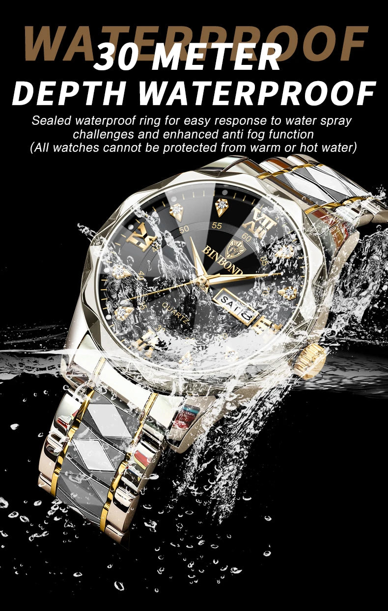 BINBOND Authentic Men's Watch Waterproof Night Glow Double Calendar Watch Men's Quartz Watch Diamond Pointed Glass