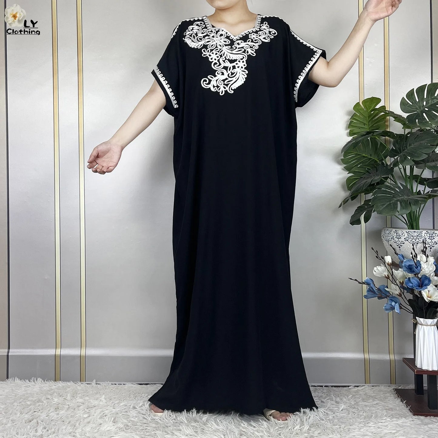 2023 African Abayas For Women Short Sleeve Summer Solid Color Loose Femme Robe Maxi Muslim Elegant Woman Dresses With Turban