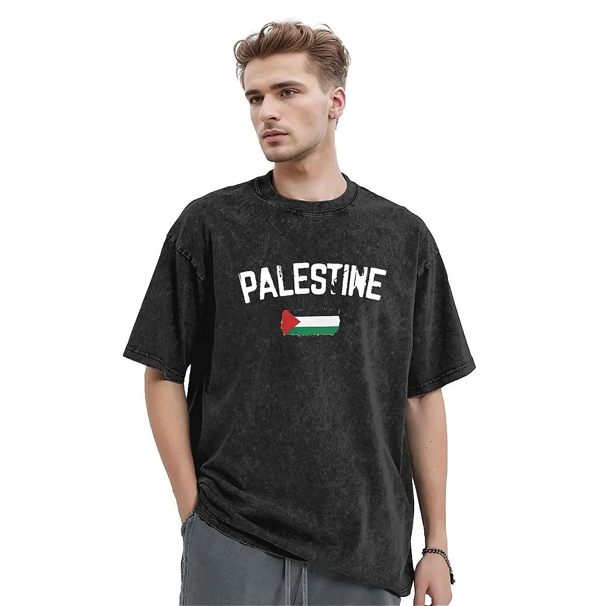 Palestine Flag Washed T-Shirt Mens Palestinian Streetwear Casual T Shirts Summer Crew Neck Fashion Tee Shirt Oversized Tops