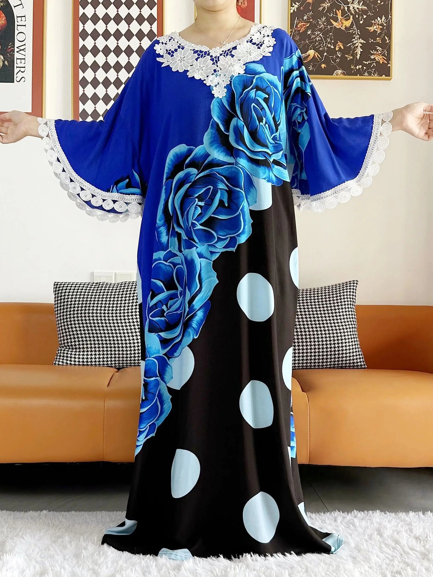 2023 African Lady Eid Dress with Big Scarf Cotton Wave Point Printed Loose Floral Boubou Maxi Islam Women Short Sleeve Abaya