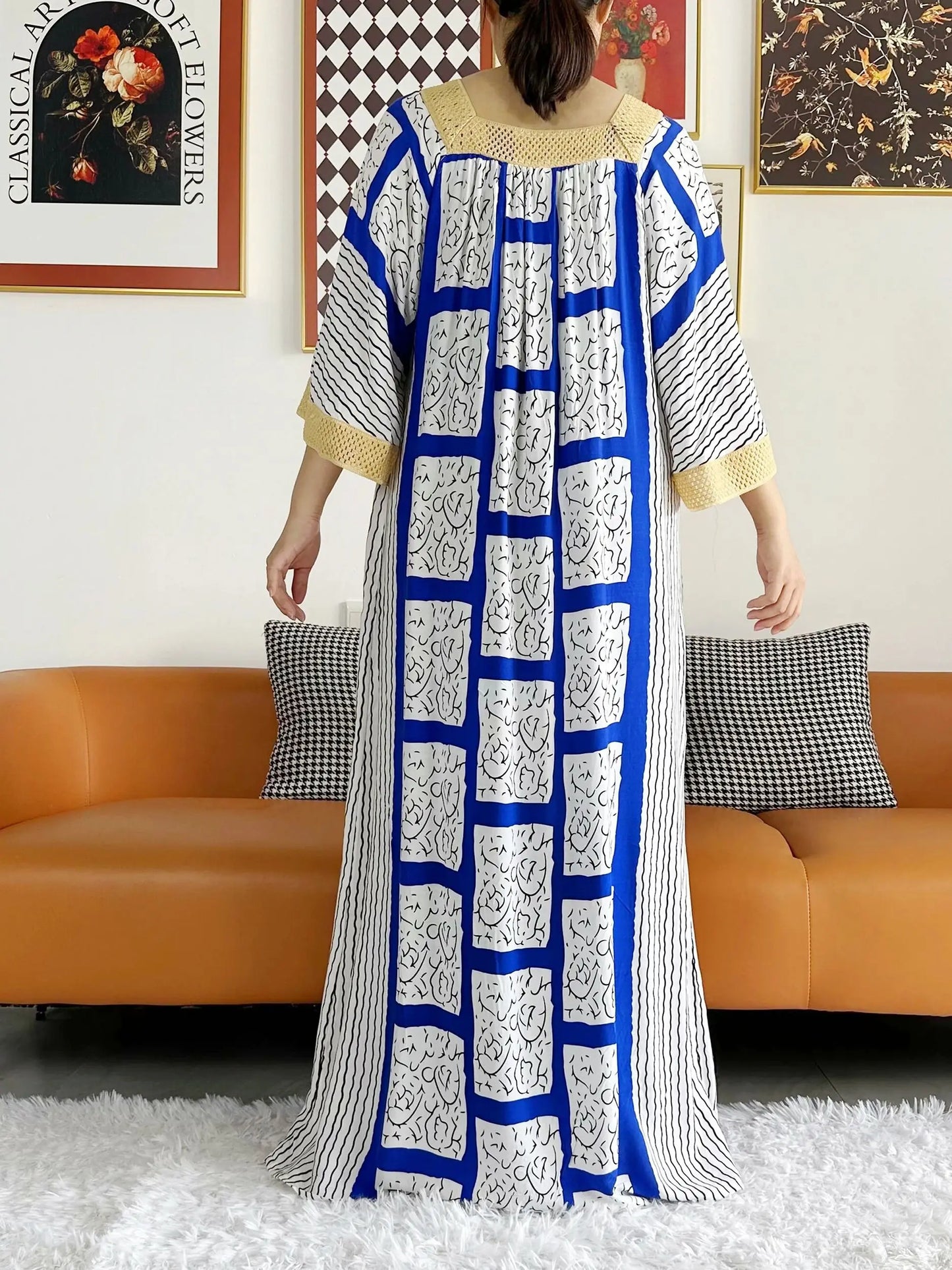 2023 African Lady Eid Dress with Big Scarf Cotton Wave Point Printed Loose Floral Boubou Maxi Islam Women Short Sleeve Abaya