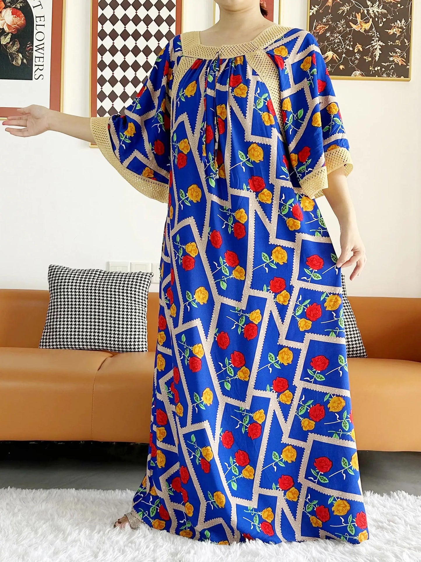 2023 African Lady Eid Dress with Big Scarf Cotton Wave Point Printed Loose Floral Boubou Maxi Islam Women Short Sleeve Abaya