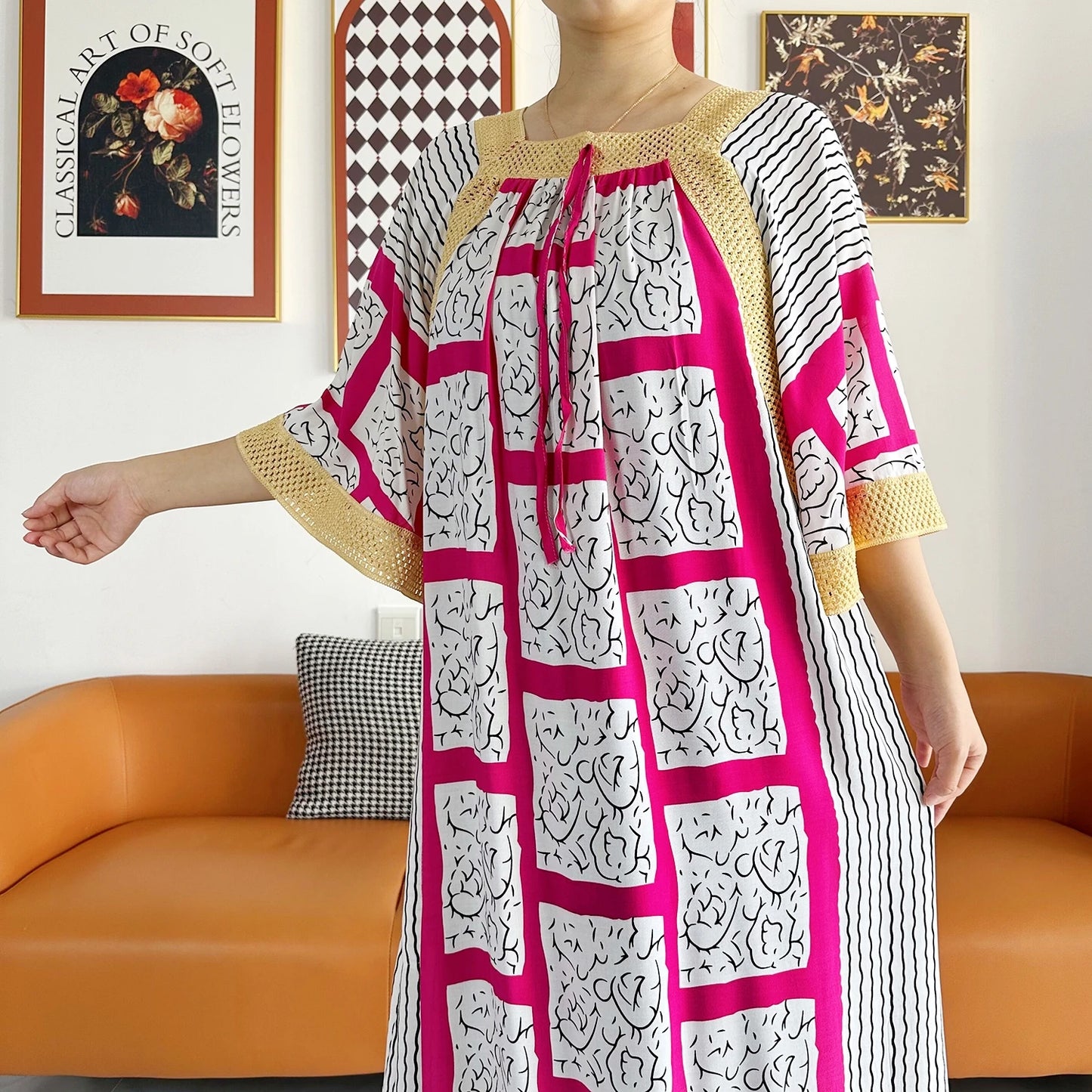 2023 African Lady Eid Dress with Big Scarf Cotton Wave Point Printed Loose Floral Boubou Maxi Islam Women Short Sleeve Abaya