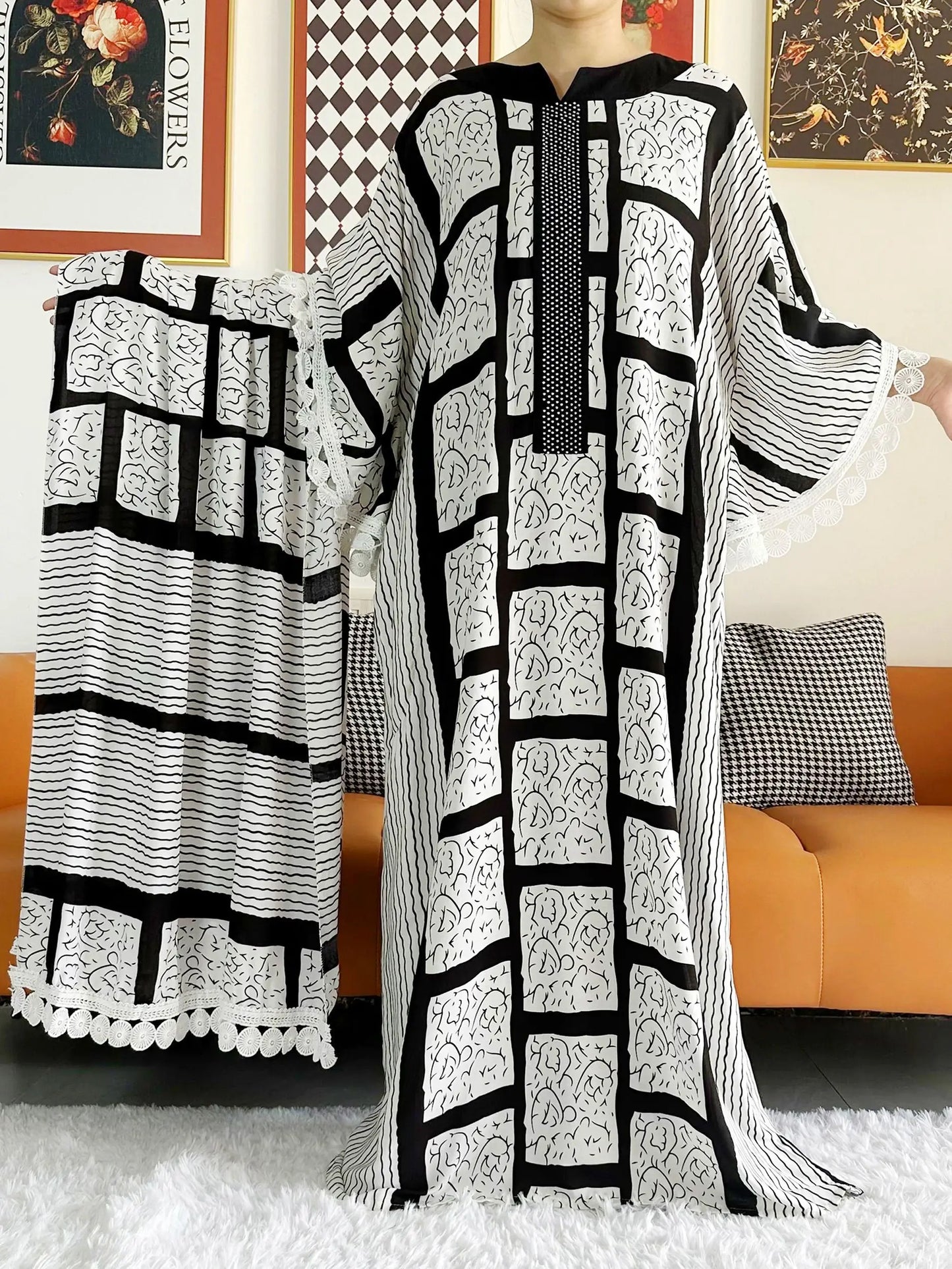 2023 African Lady Eid Dress with Big Scarf Cotton Wave Point Printed Loose Floral Boubou Maxi Islam Women Short Sleeve Abaya