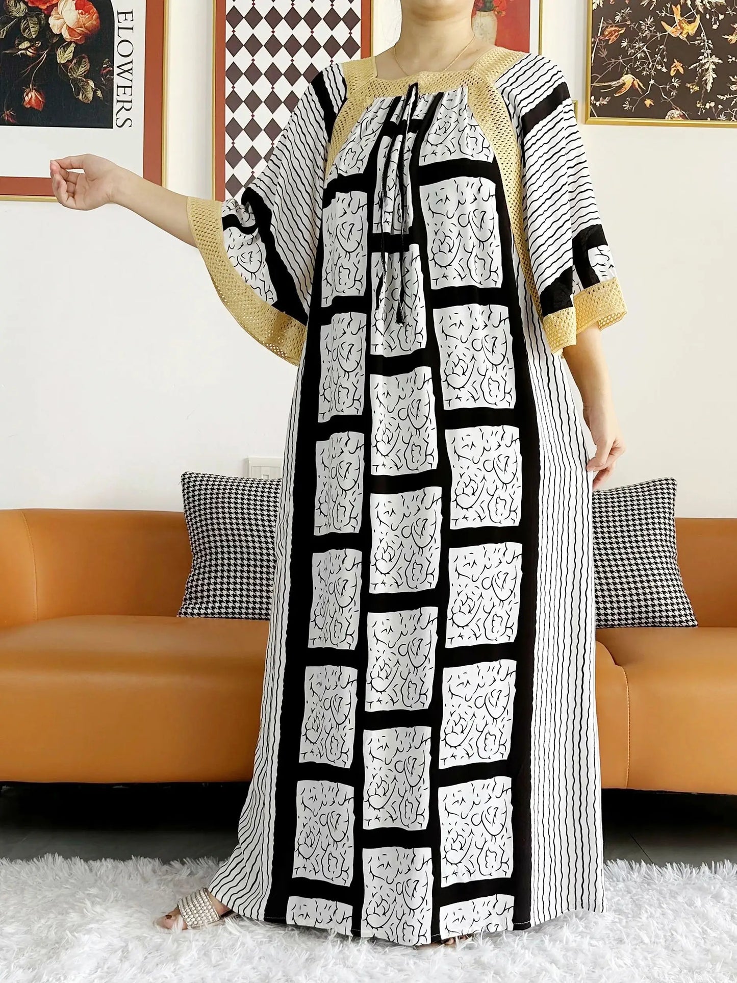 2023 African Lady Eid Dress with Big Scarf Cotton Wave Point Printed Loose Floral Boubou Maxi Islam Women Short Sleeve Abaya