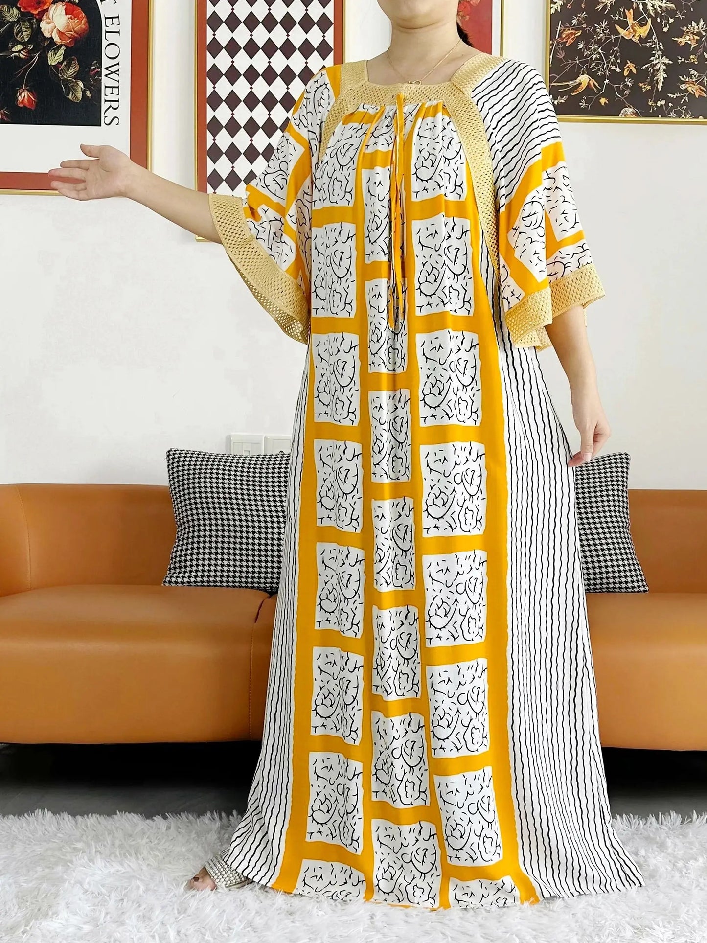 2023 African Lady Eid Dress with Big Scarf Cotton Wave Point Printed Loose Floral Boubou Maxi Islam Women Short Sleeve Abaya