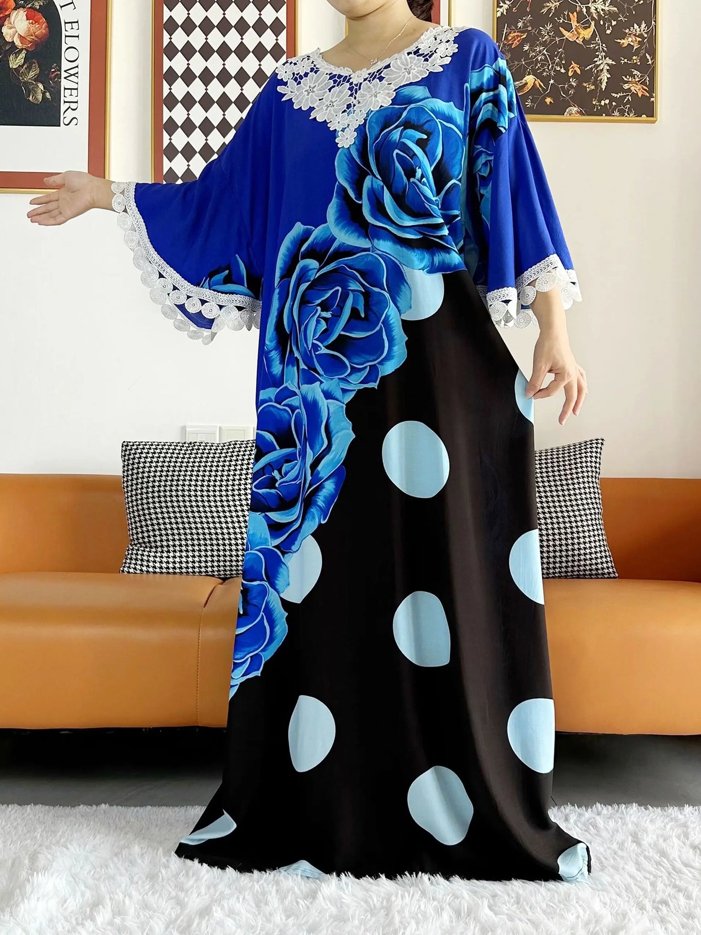 2023 African Lady Eid Dress with Big Scarf Cotton Wave Point Printed Loose Floral Boubou Maxi Islam Women Short Sleeve Abaya