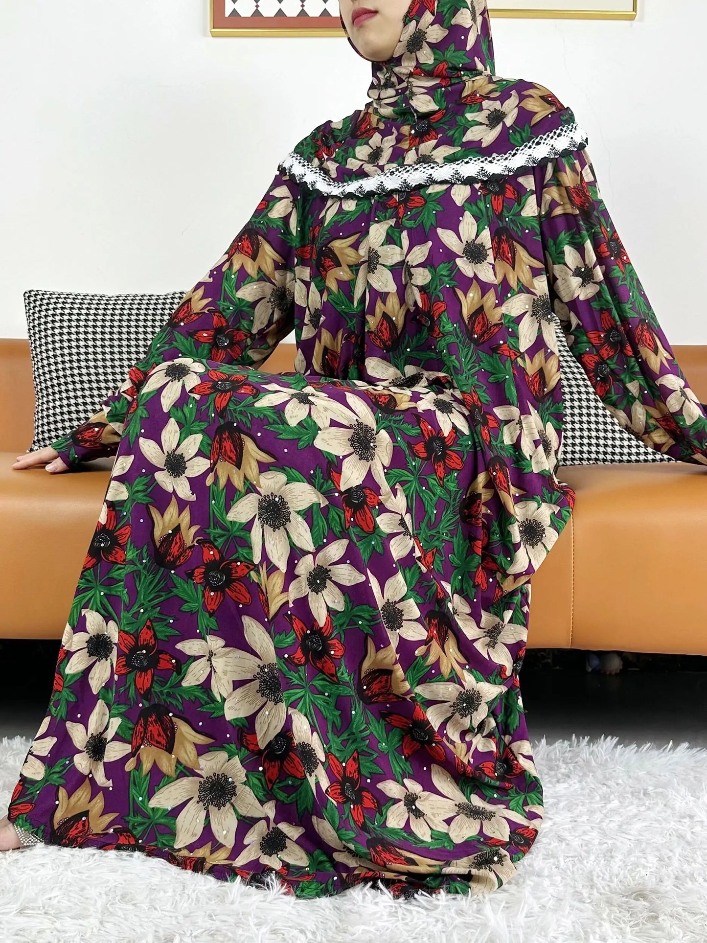 2023 Muslim Cotton Abayas For Women Ramadan Prayer Dubai Turkey Middle East Femme Robe Floral Loose African Dress Turban Joint