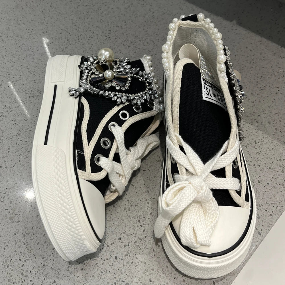 Women Black Sneakers Heart Shape Rhinestone Big Pearl Luxury Design Round Toe High Top Lace-up Girls Canvas Shoes Very Cool