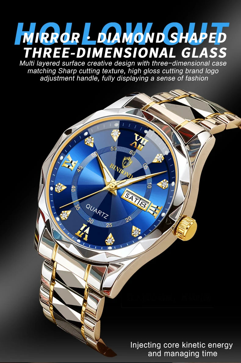 BINBOND Authentic Men's Watch Waterproof Night Glow Double Calendar Watch Men's Quartz Watch Diamond Pointed Glass