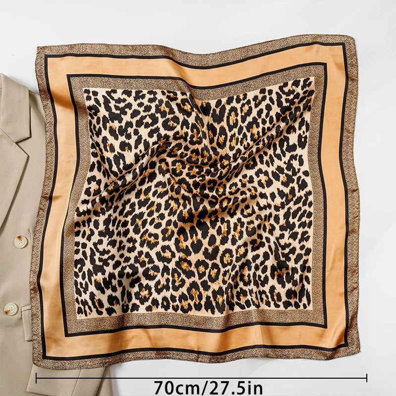 1pcs 70cm Leopard Print Silk Scarf for Women Imitation Silk Light Luxury Versatile Headwear Bag Decoration Clothing Square Scarf