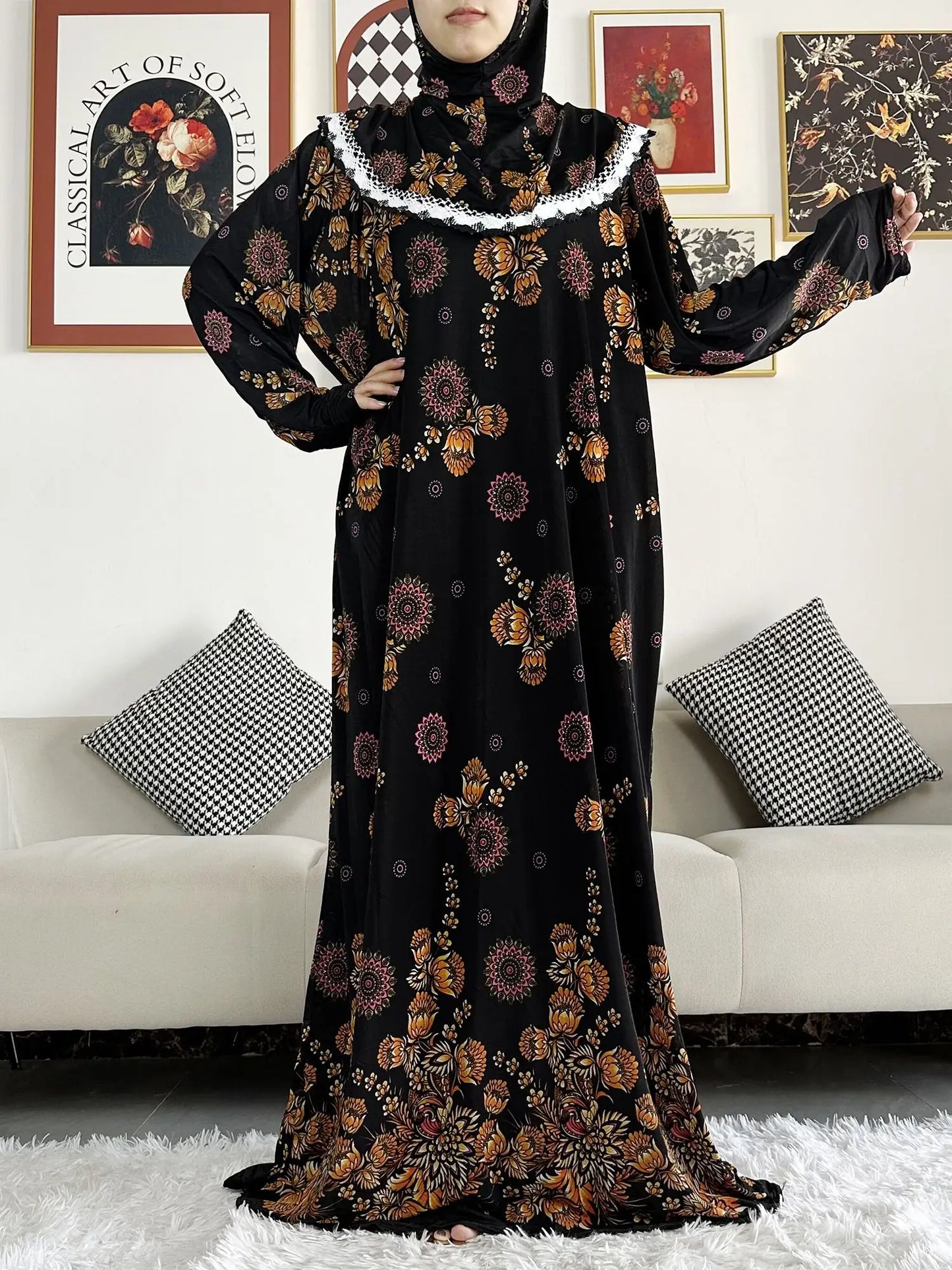 2023 Muslim Cotton Abayas For Women Ramadan Prayer Dubai Turkey Middle East Femme Robe Floral Loose African Dress Turban Joint