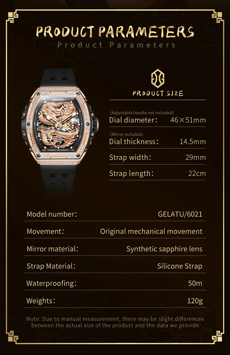 GELATU 6021 Mens Watch Original Brand Automatic Watch Waterproof Luminous Watch For Men Diamond Bezel Dragon Watches Luxury Men