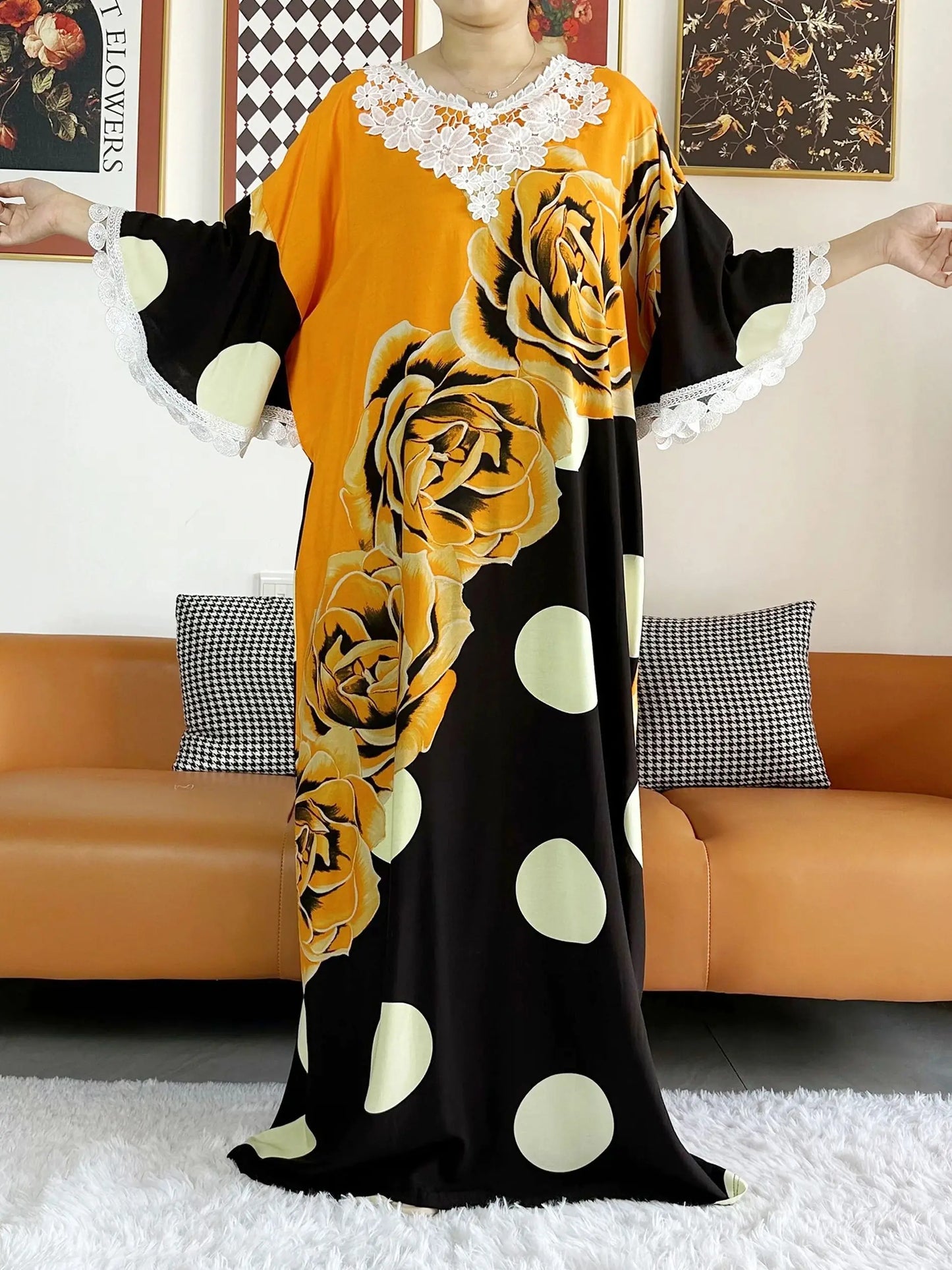 2023 African Lady Eid Dress with Big Scarf Cotton Wave Point Printed Loose Floral Boubou Maxi Islam Women Short Sleeve Abaya