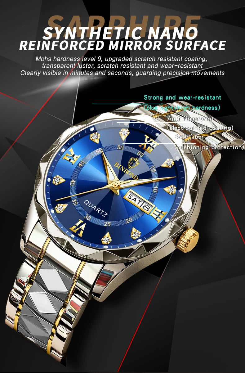 BINBOND Authentic Men's Watch Waterproof Night Glow Double Calendar Watch Men's Quartz Watch Diamond Pointed Glass