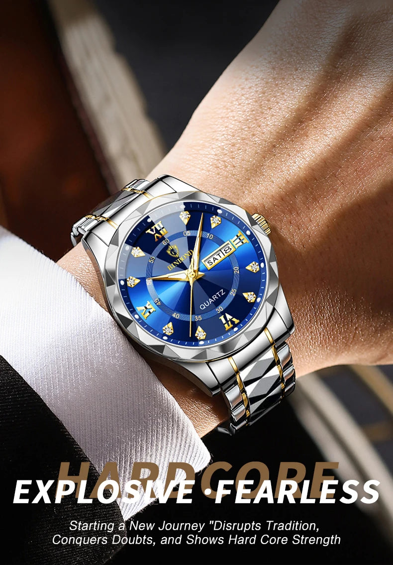 BINBOND Authentic Men's Watch Waterproof Night Glow Double Calendar Watch Men's Quartz Watch Diamond Pointed Glass