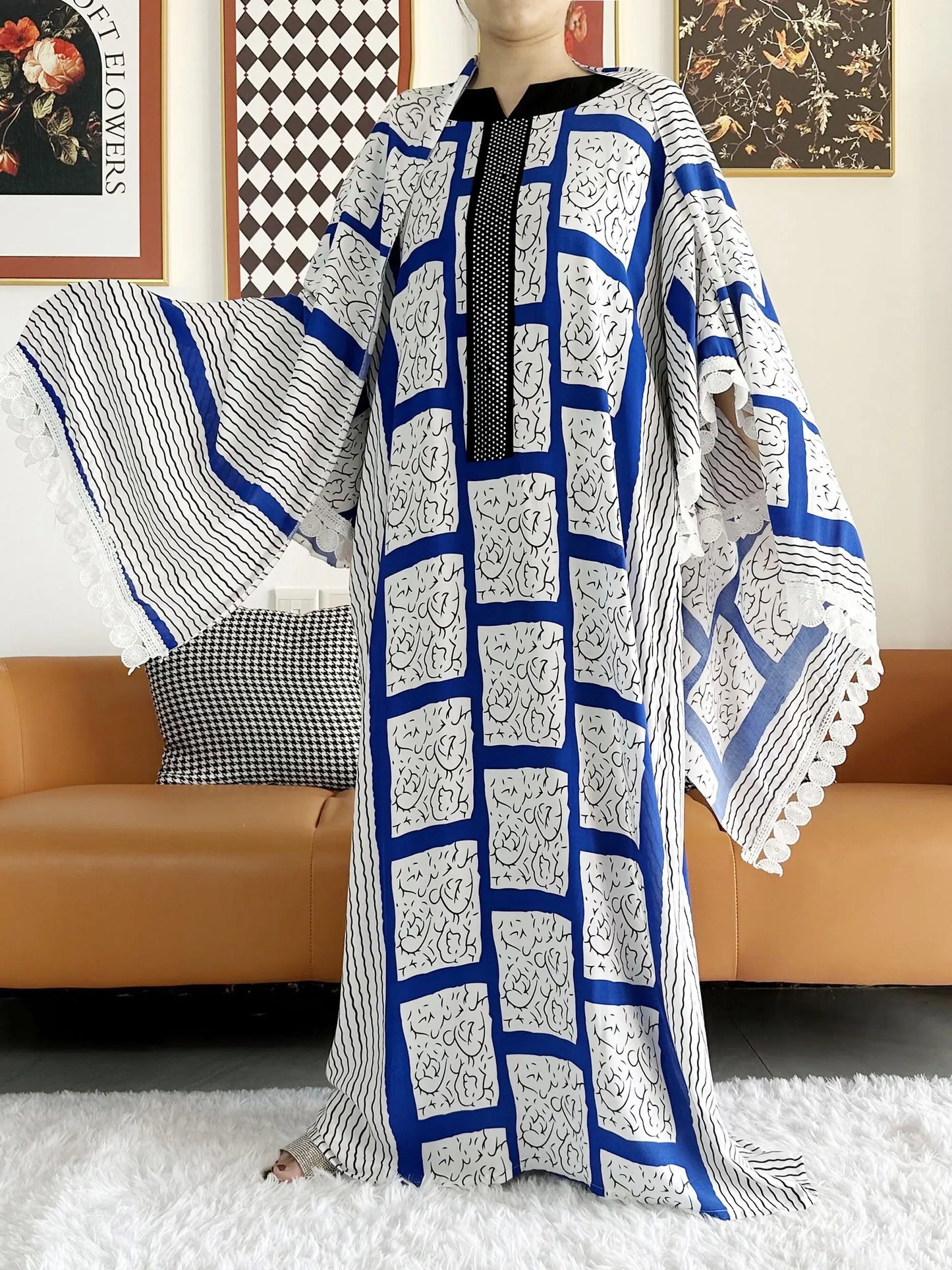 2023 African Lady Eid Dress with Big Scarf Cotton Wave Point Printed Loose Floral Boubou Maxi Islam Women Short Sleeve Abaya