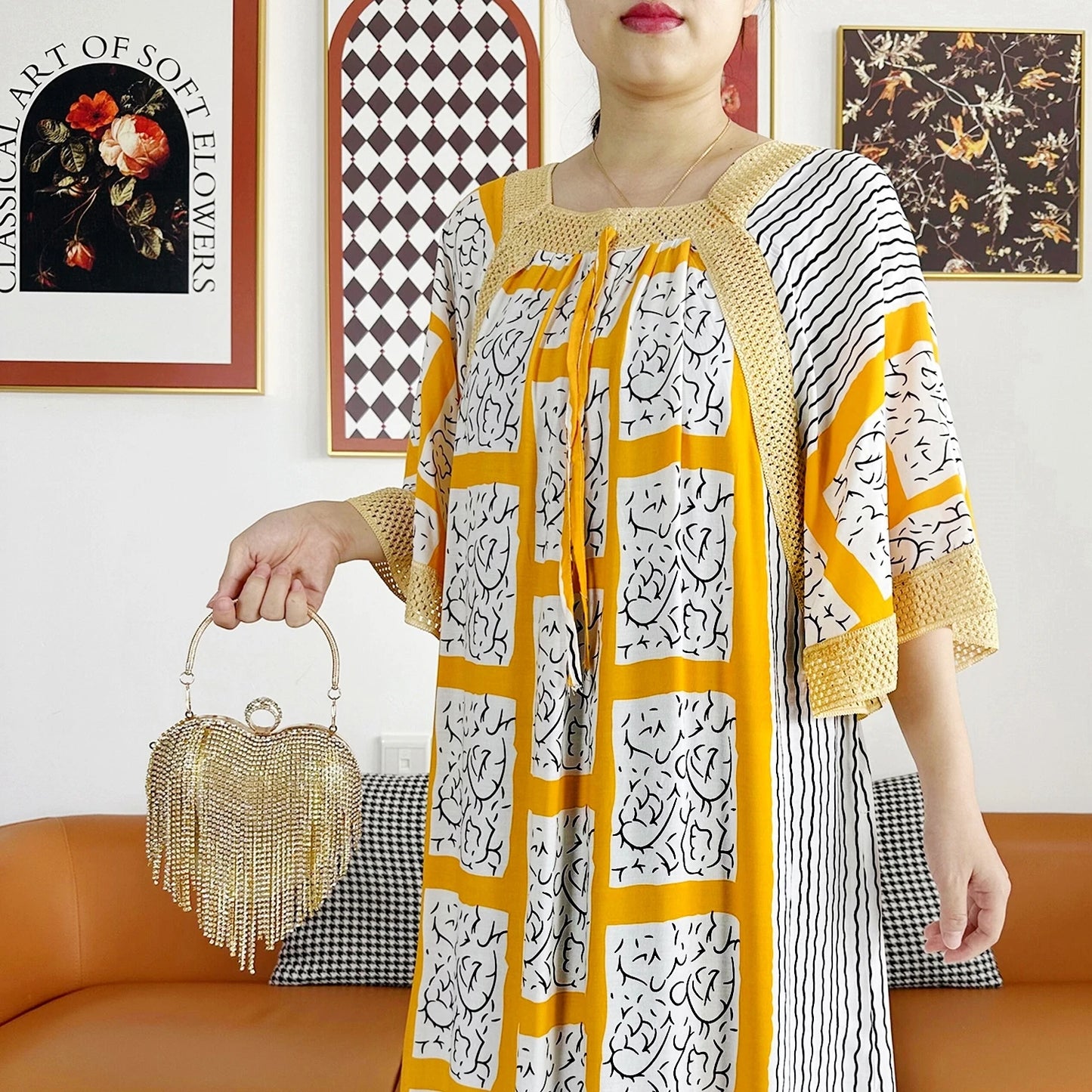 2023 African Lady Eid Dress with Big Scarf Cotton Wave Point Printed Loose Floral Boubou Maxi Islam Women Short Sleeve Abaya