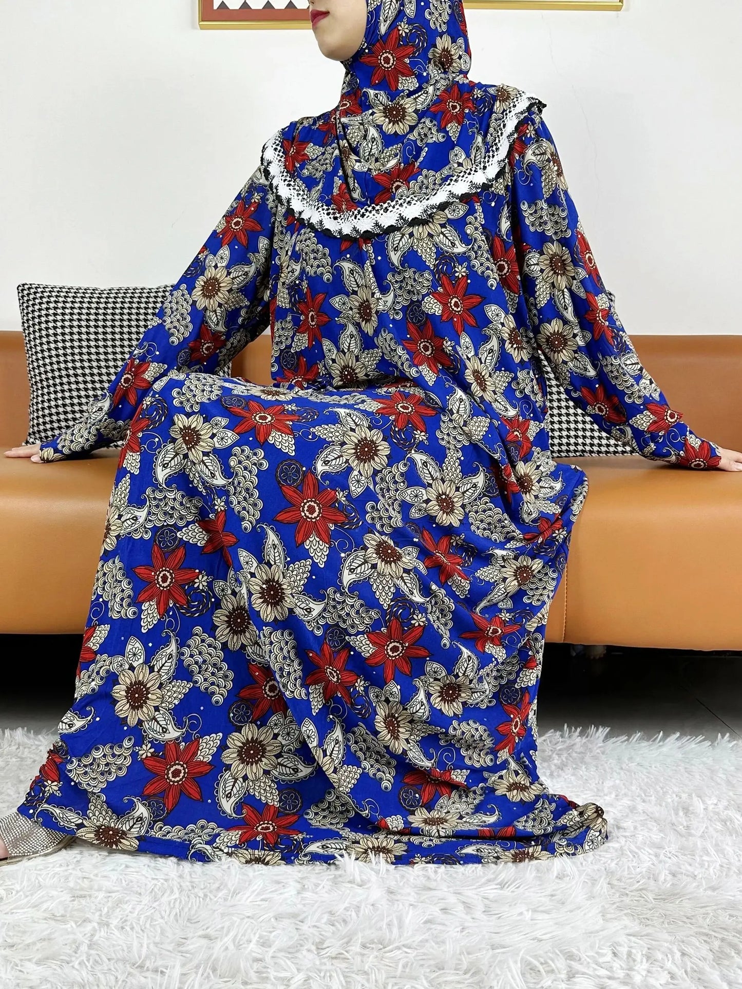 2023 Muslim Cotton Abayas For Women Ramadan Prayer Dubai Turkey Middle East Femme Robe Floral Loose African Dress Turban Joint