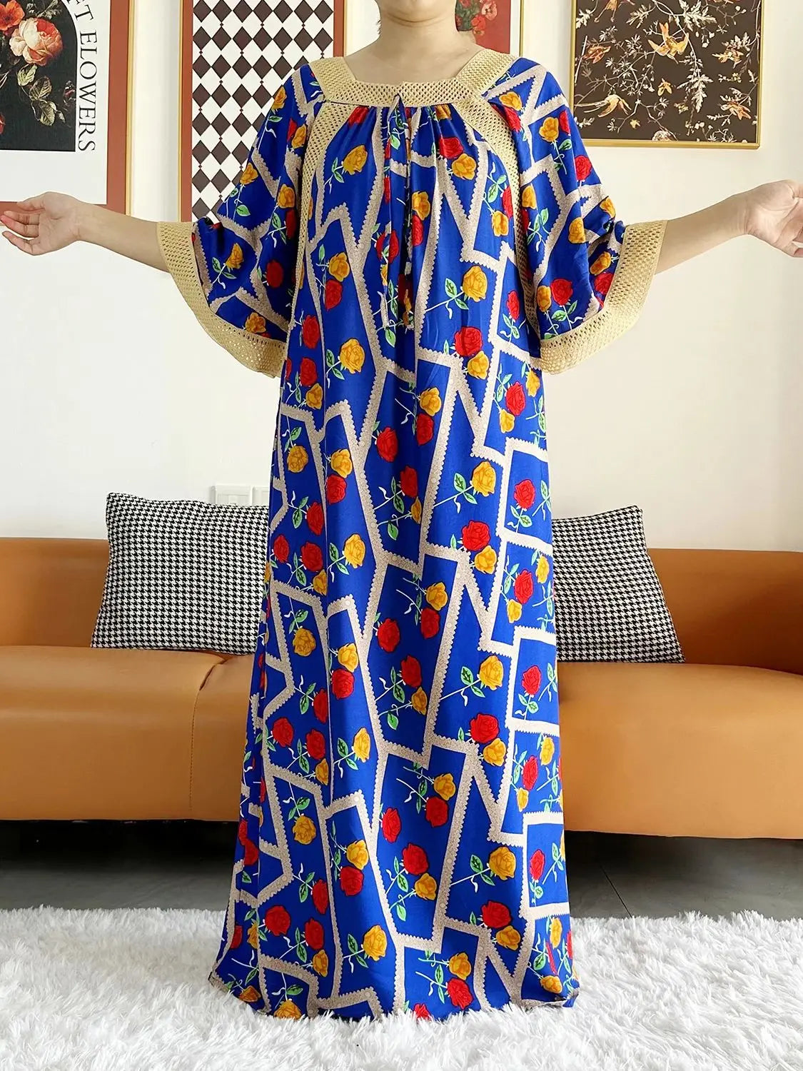 2023 African Lady Eid Dress with Big Scarf Cotton Wave Point Printed Loose Floral Boubou Maxi Islam Women Short Sleeve Abaya