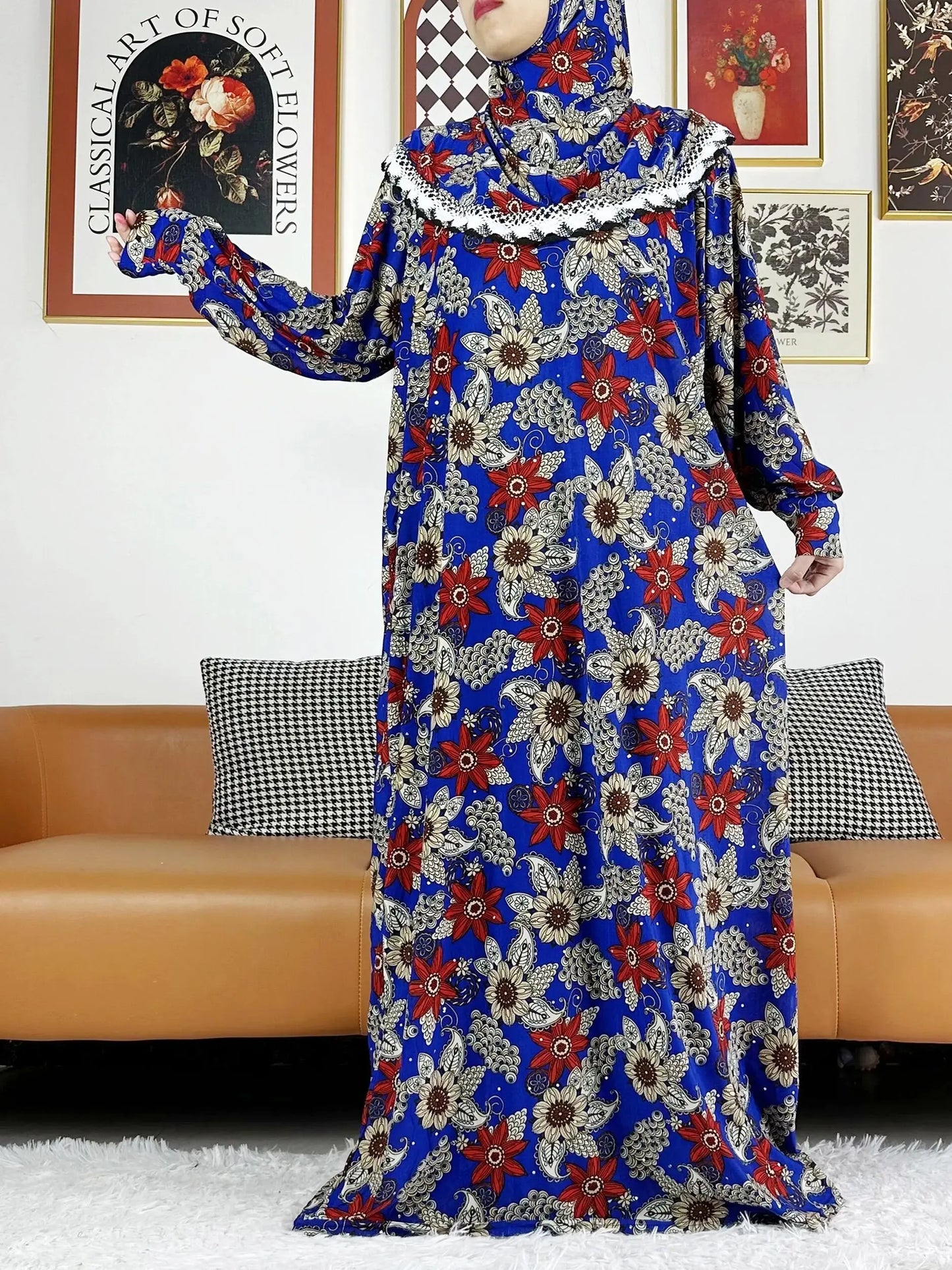 2023 Muslim Cotton Abayas For Women Ramadan Prayer Dubai Turkey Middle East Femme Robe Floral Loose African Dress Turban Joint