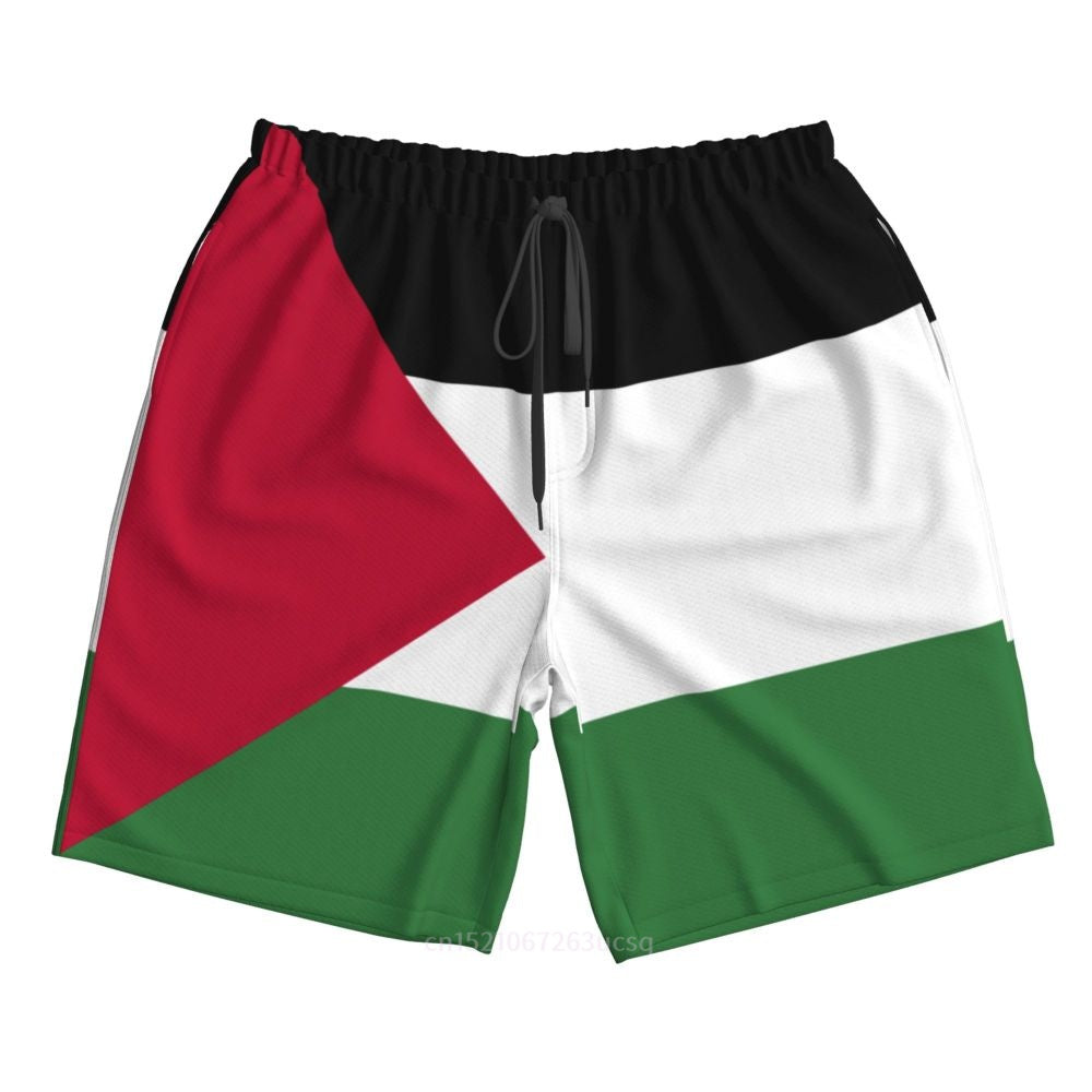 2023 Summer Polyester Palestine Country Flag 3D Printed Men's Board Shorts Beach Pocket Running Summer Pants