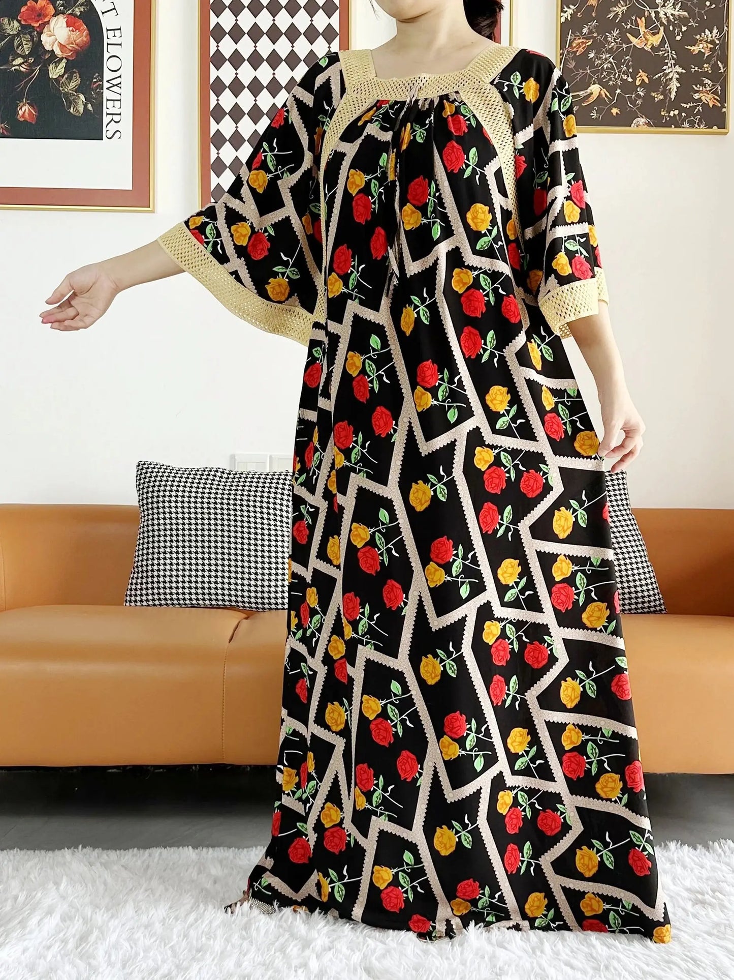 2023 African Lady Eid Dress with Big Scarf Cotton Wave Point Printed Loose Floral Boubou Maxi Islam Women Short Sleeve Abaya