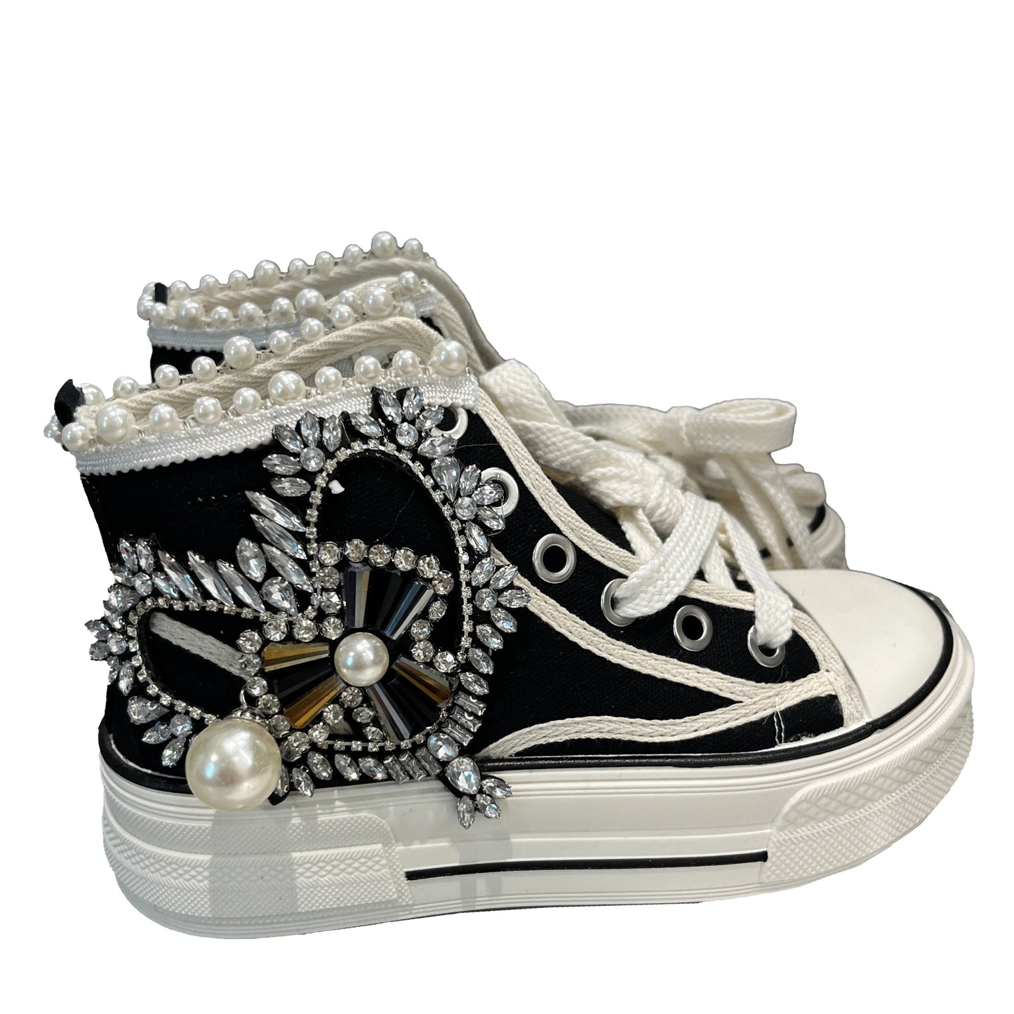 Women Black Sneakers Heart Shape Rhinestone Big Pearl Luxury Design Round Toe High Top Lace-up Girls Canvas Shoes Very Cool