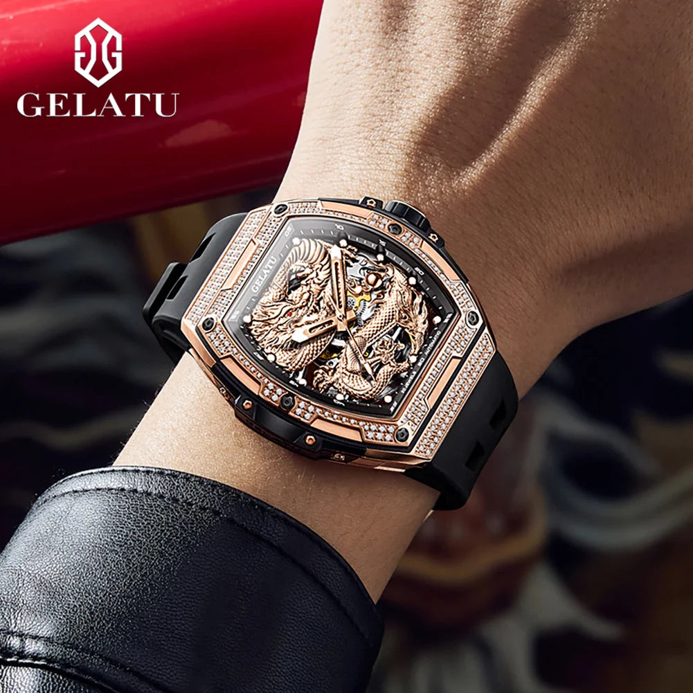 GELATU 6021 Mens Watch Original Brand Automatic Watch Waterproof Luminous Watch For Men Diamond Bezel Dragon Watches Luxury Men