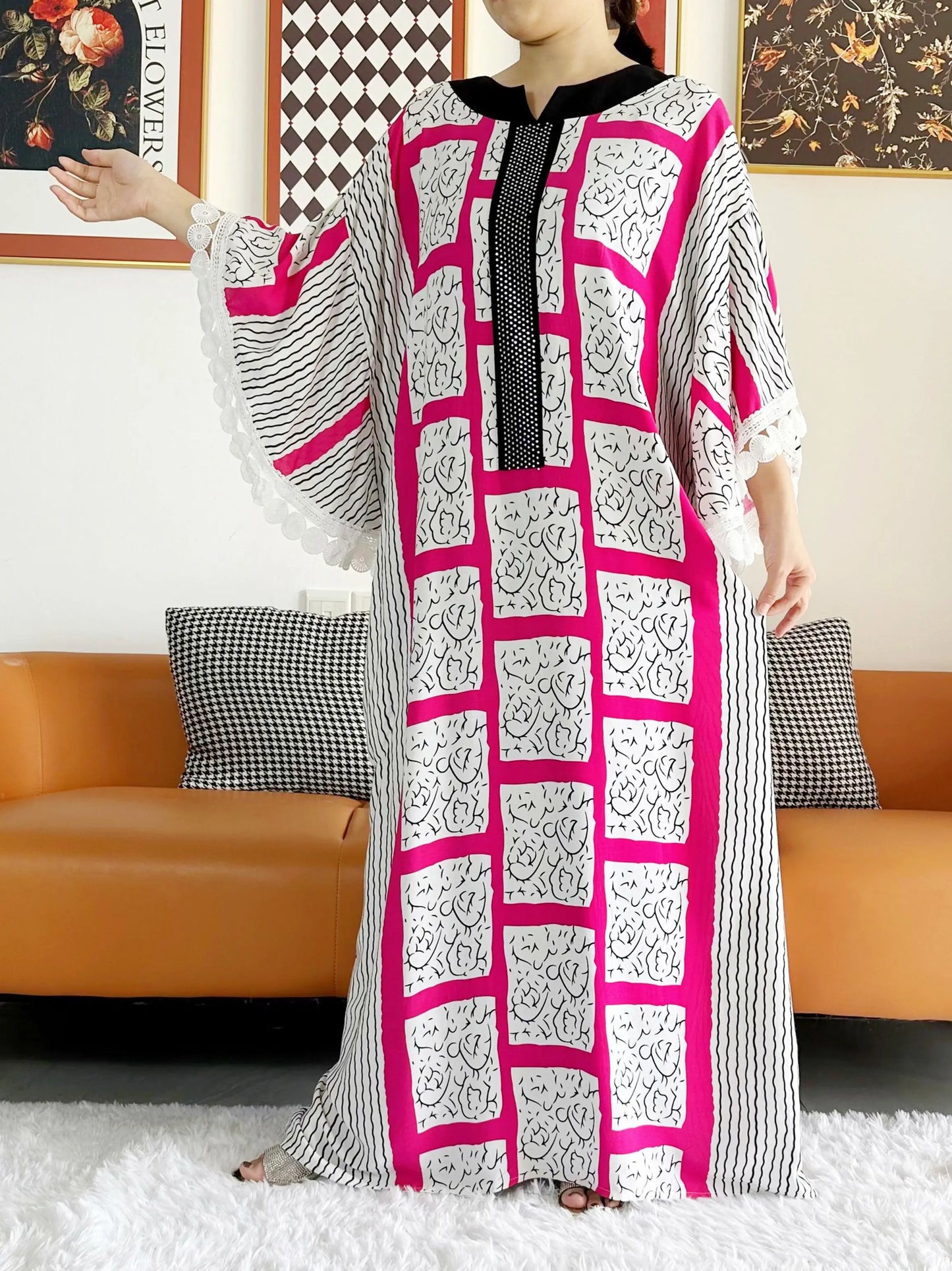 2023 African Lady Eid Dress with Big Scarf Cotton Wave Point Printed Loose Floral Boubou Maxi Islam Women Short Sleeve Abaya