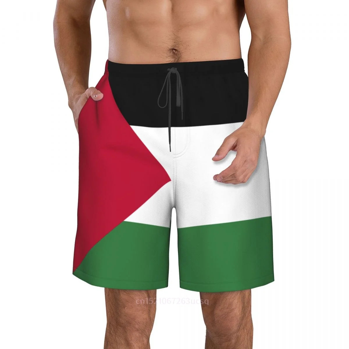 2023 Summer Polyester Palestine Country Flag 3D Printed Men's Board Shorts Beach Pocket Running Summer Pants