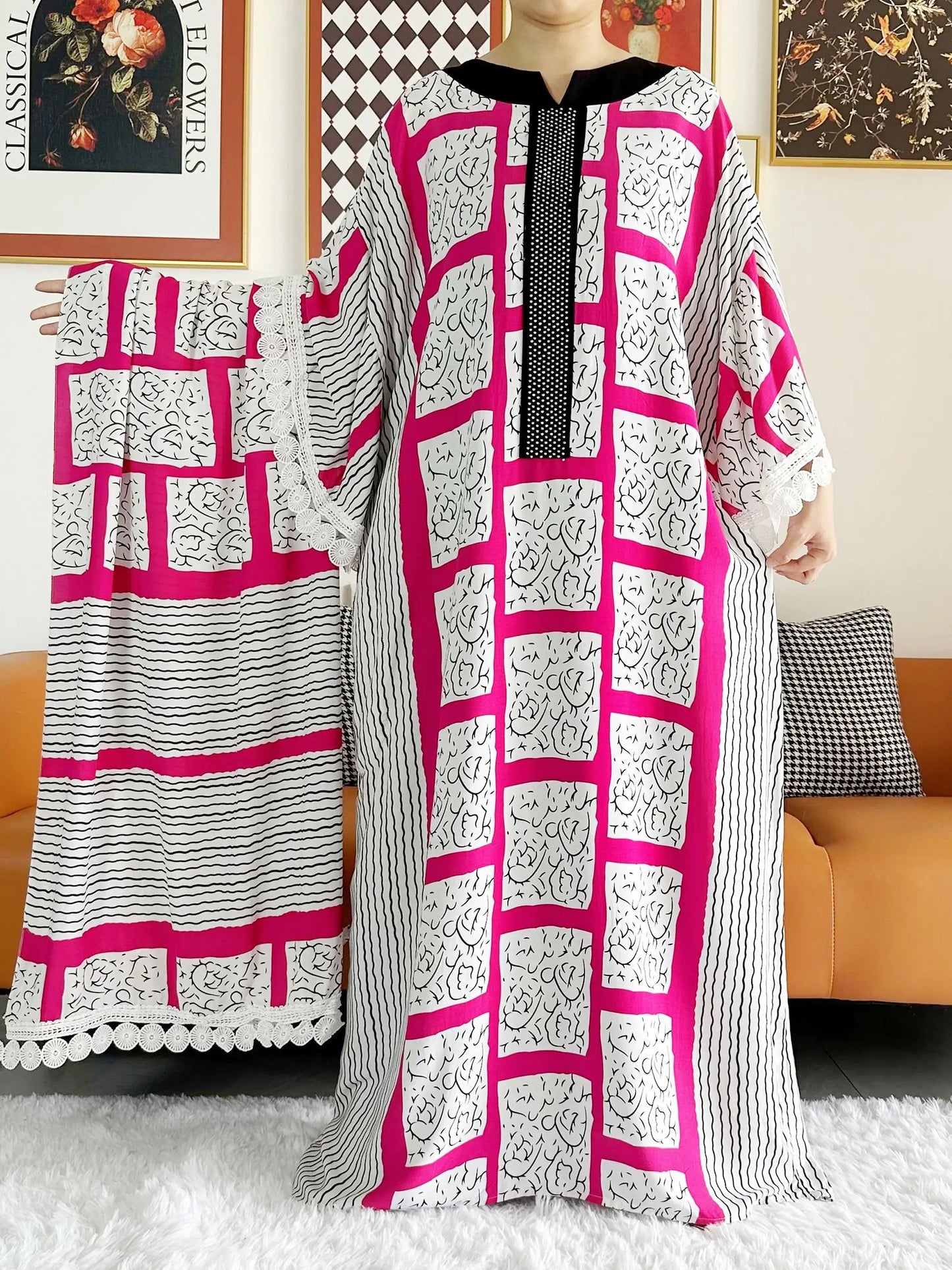 2023 African Lady Eid Dress with Big Scarf Cotton Wave Point Printed Loose Floral Boubou Maxi Islam Women Short Sleeve Abaya