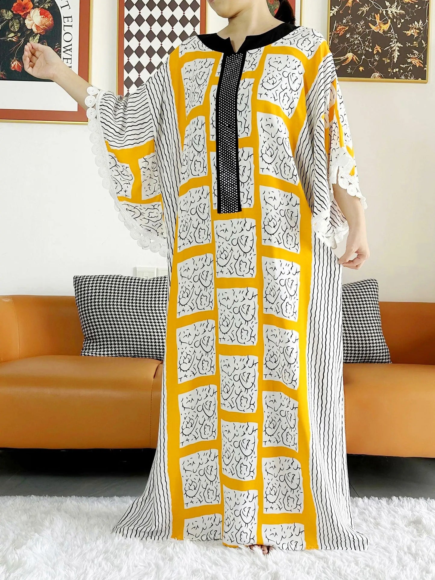 2023 African Lady Eid Dress with Big Scarf Cotton Wave Point Printed Loose Floral Boubou Maxi Islam Women Short Sleeve Abaya