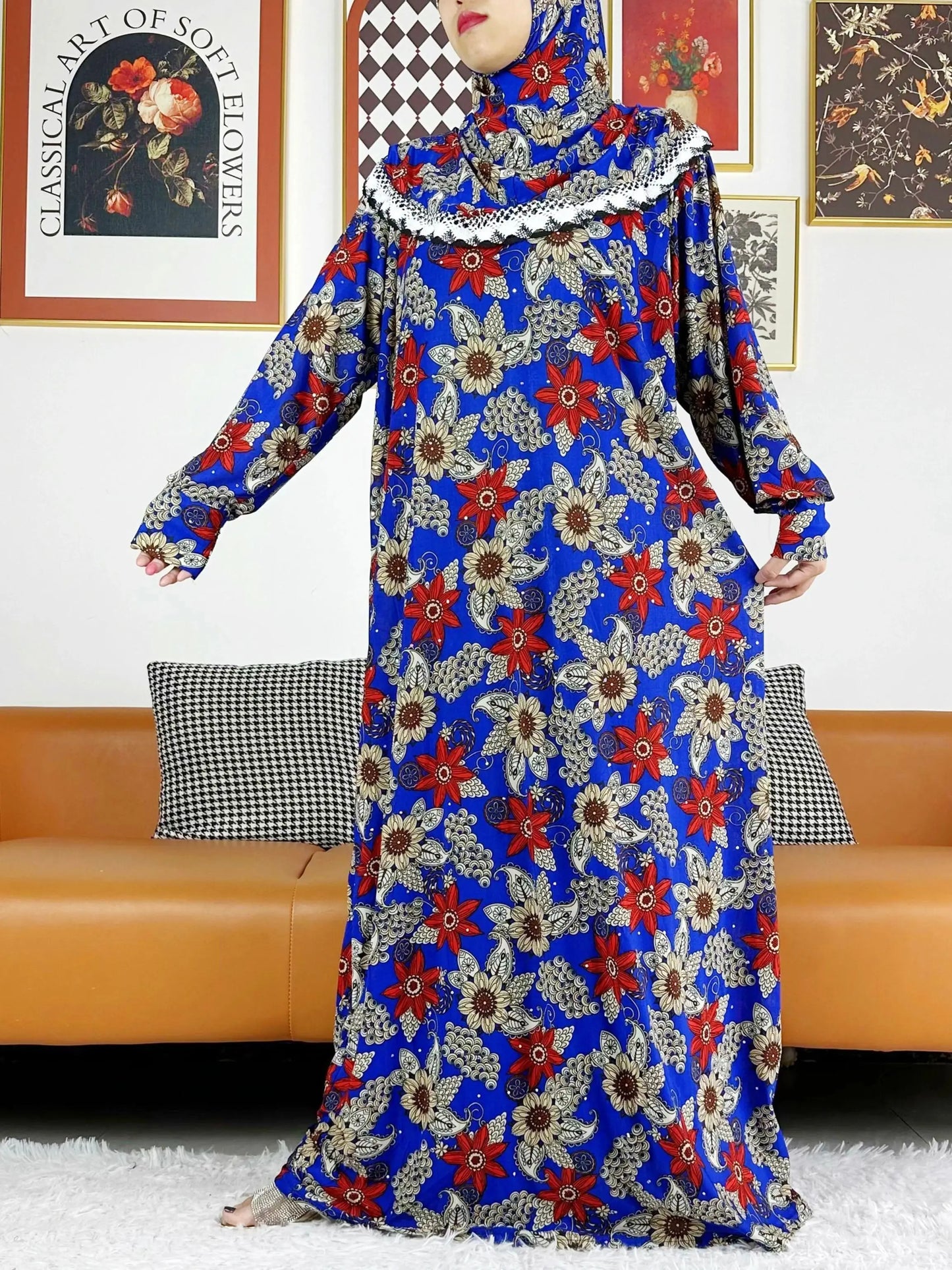 2023 Muslim Cotton Abayas For Women Ramadan Prayer Dubai Turkey Middle East Femme Robe Floral Loose African Dress Turban Joint