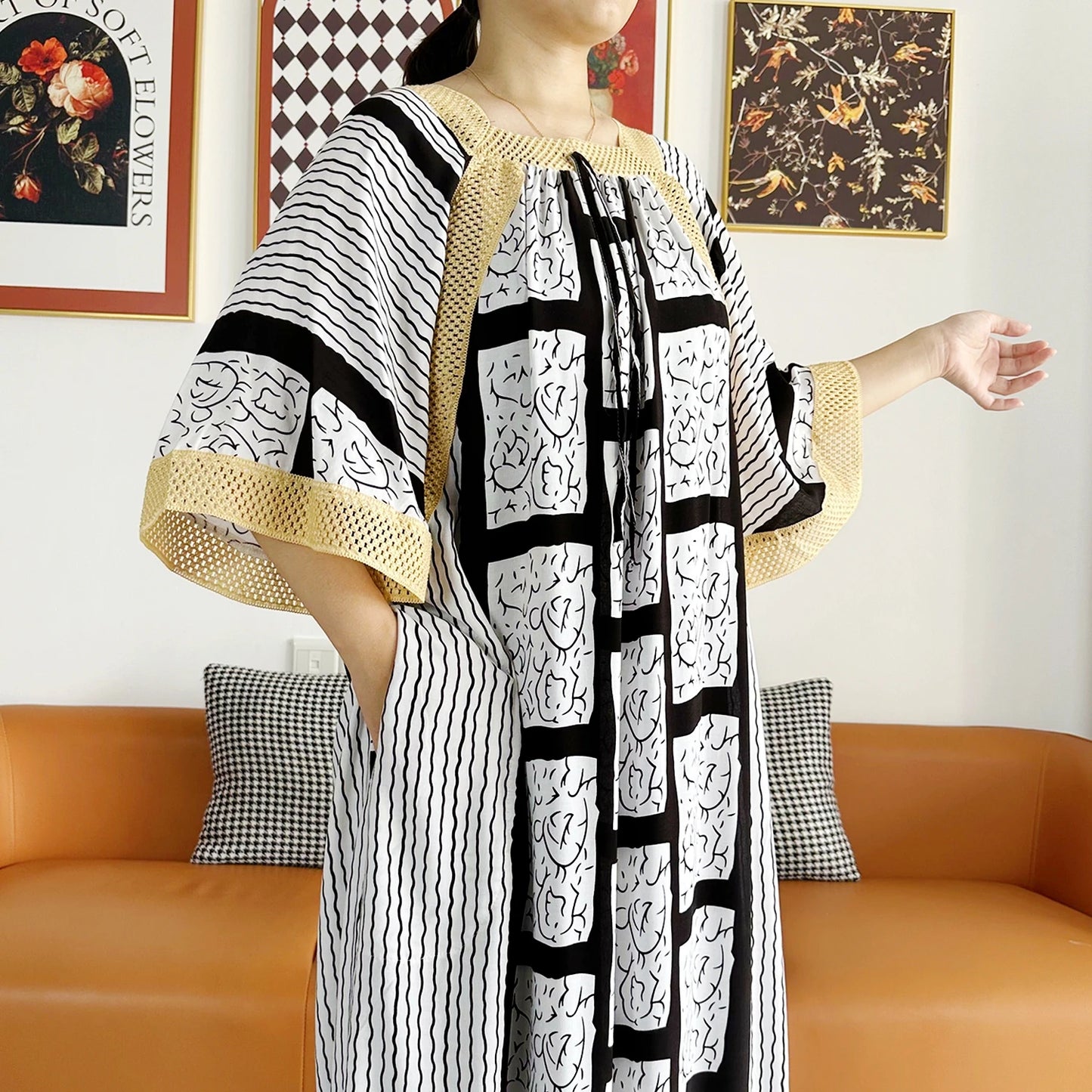 2023 African Lady Eid Dress with Big Scarf Cotton Wave Point Printed Loose Floral Boubou Maxi Islam Women Short Sleeve Abaya