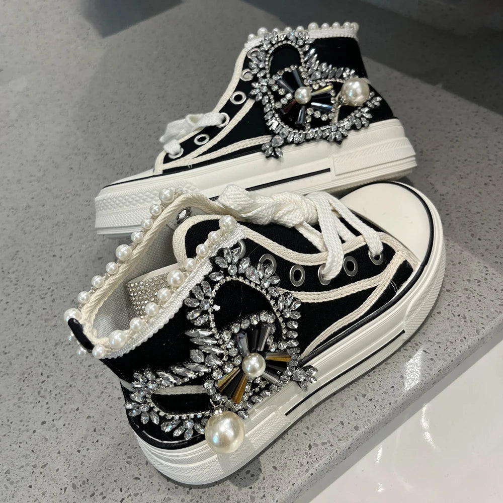 Women Black Sneakers Heart Shape Rhinestone Big Pearl Luxury Design Round Toe High Top Lace-up Girls Canvas Shoes Very Cool