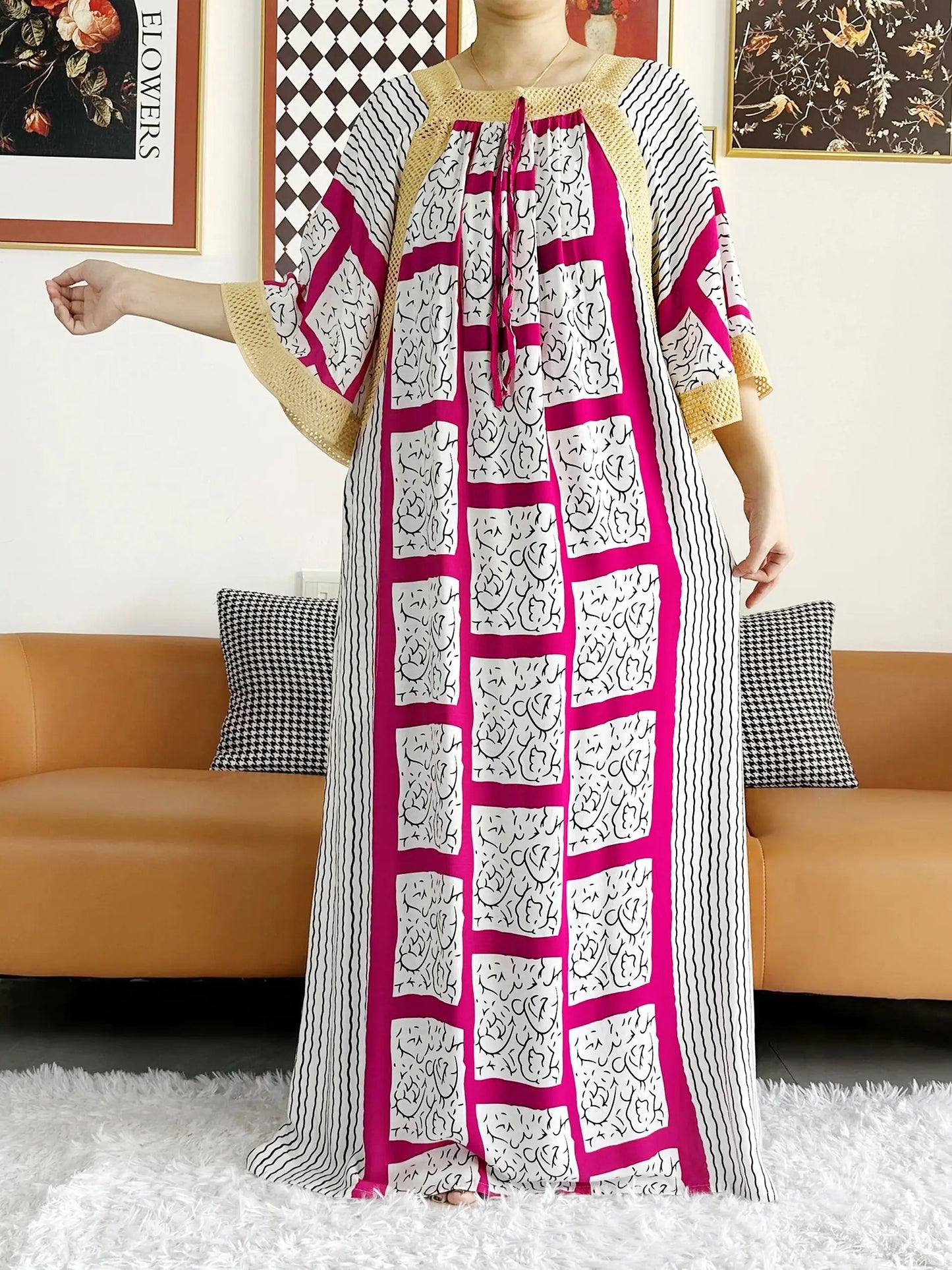 2023 African Lady Eid Dress with Big Scarf Cotton Wave Point Printed Loose Floral Boubou Maxi Islam Women Short Sleeve Abaya