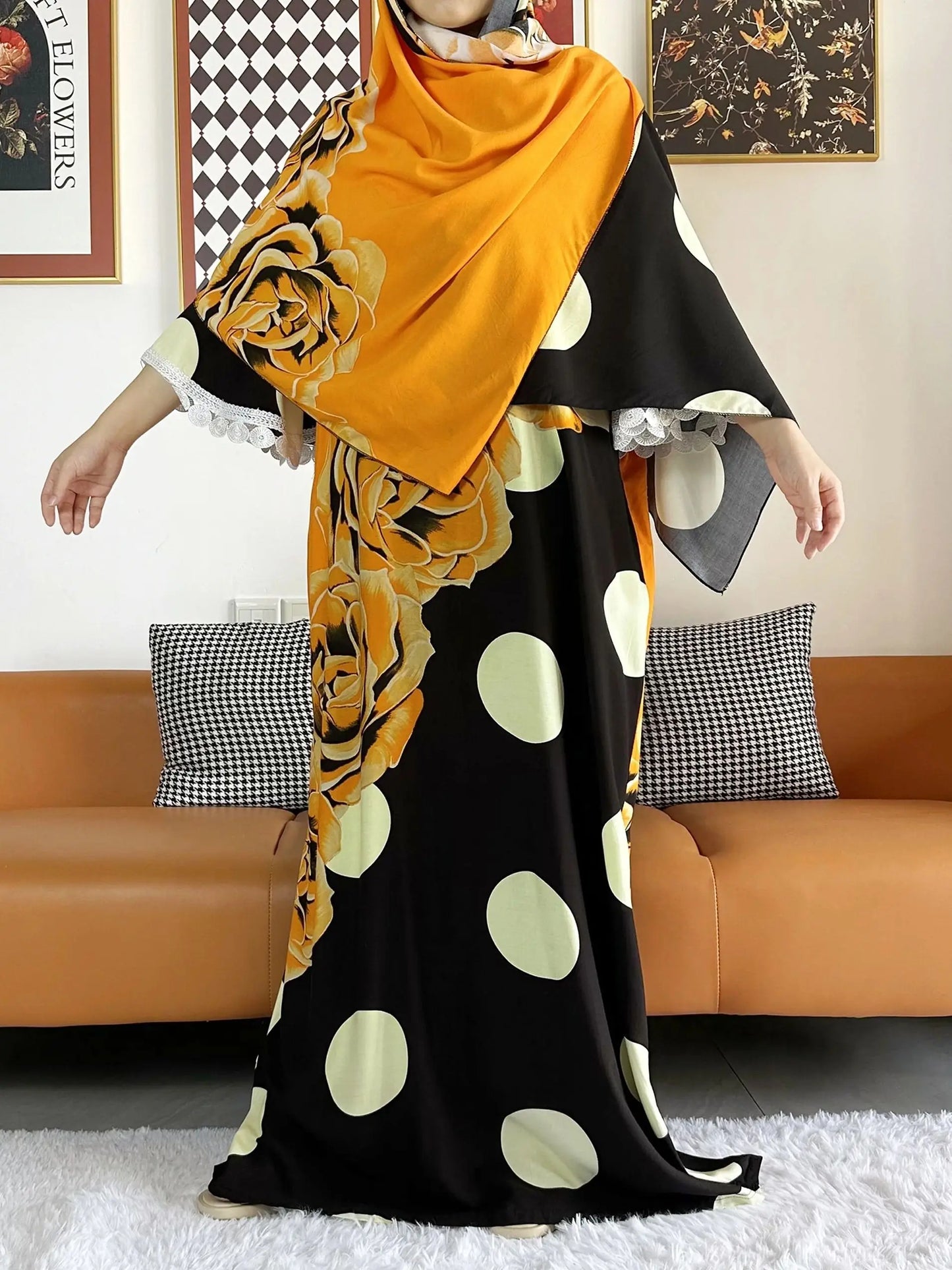 2023 African Lady Eid Dress with Big Scarf Cotton Wave Point Printed Loose Floral Boubou Maxi Islam Women Short Sleeve Abaya