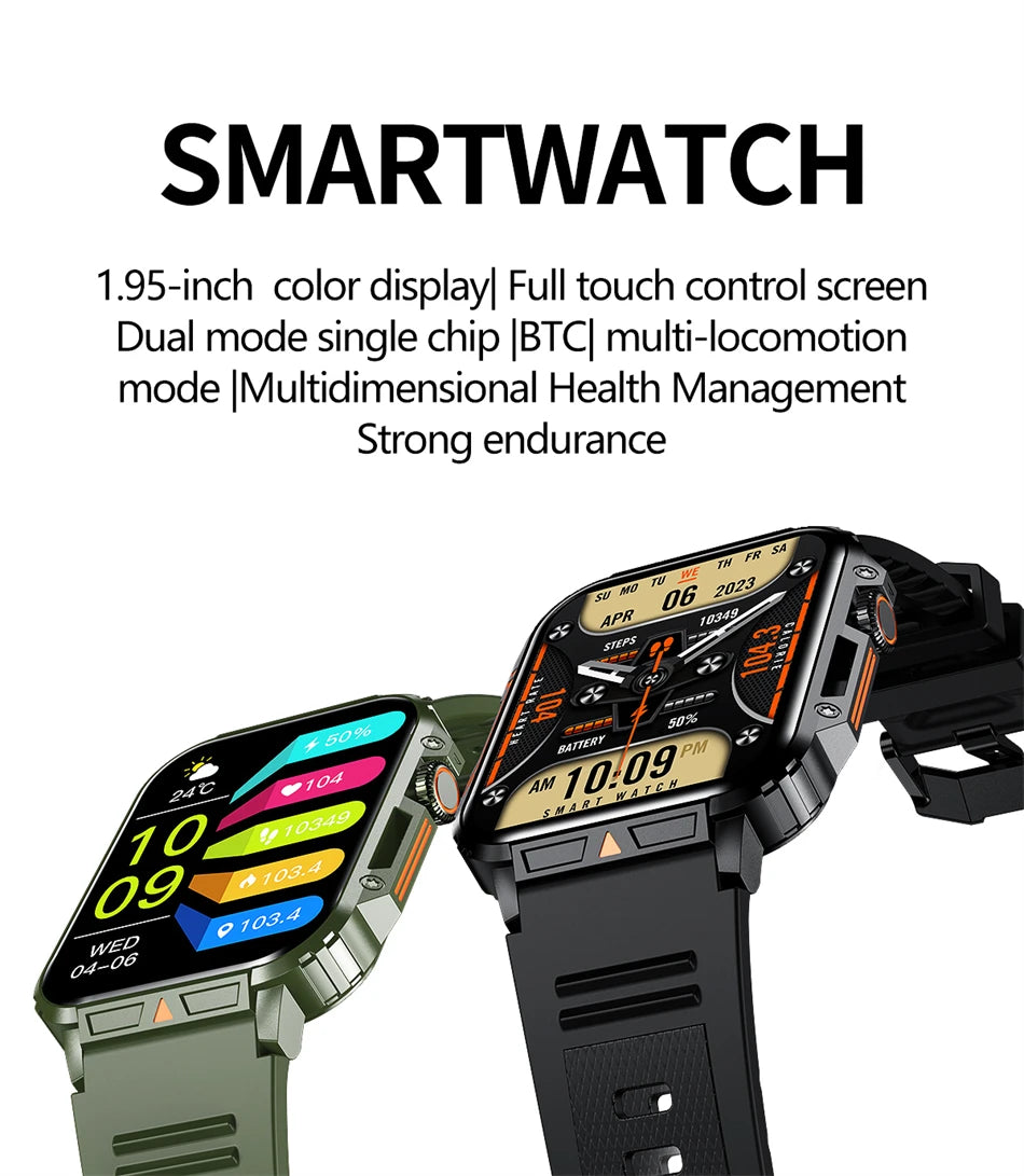 2024 New 1.95 Outdoor Military Man Smart Watch Men Bluetooth Call Smartwatch Men For Android IOS IP68 Waterproof Ftiness Watches