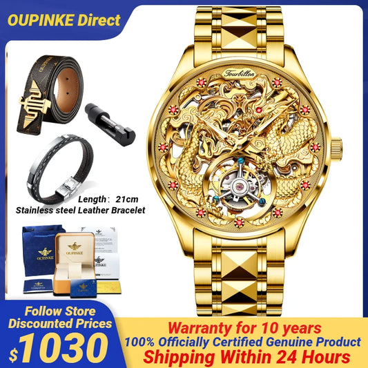 OUPINKE Genuine Tourbillon Dragon Watch for Men Original Luxury Brand Automatic Mechanical Man Wristwatch Tungsten Steel Strap