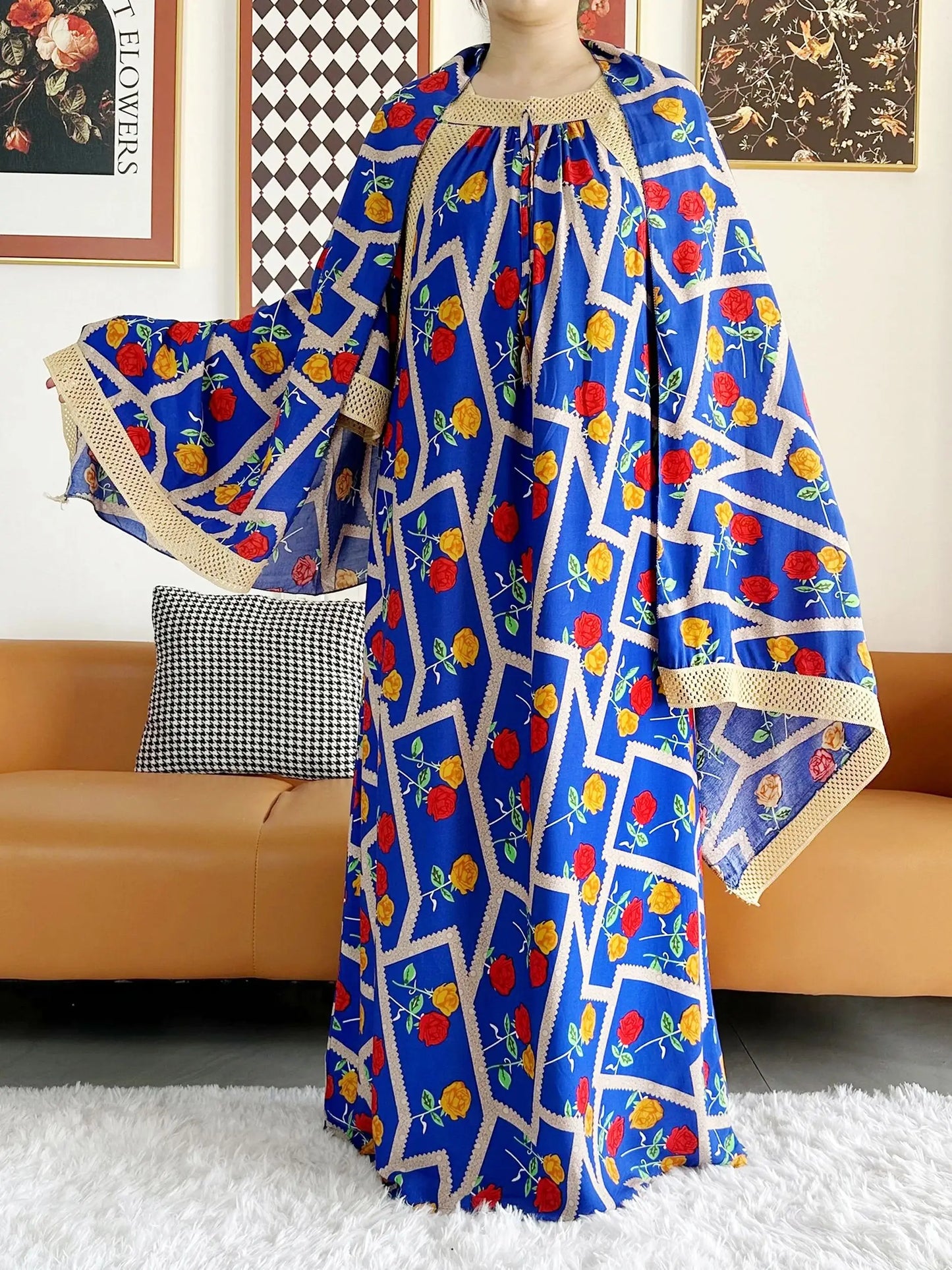 2023 African Lady Eid Dress with Big Scarf Cotton Wave Point Printed Loose Floral Boubou Maxi Islam Women Short Sleeve Abaya