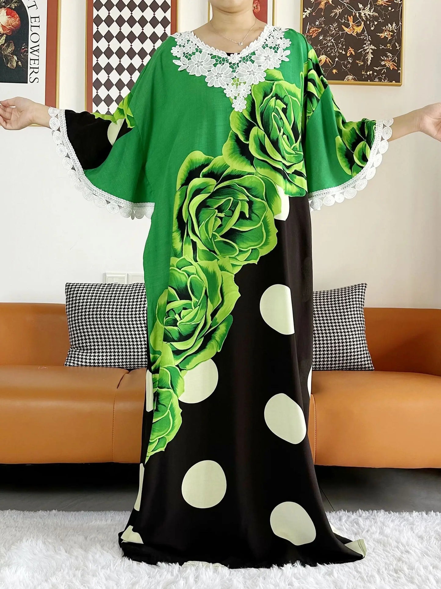 2023 African Lady Eid Dress with Big Scarf Cotton Wave Point Printed Loose Floral Boubou Maxi Islam Women Short Sleeve Abaya