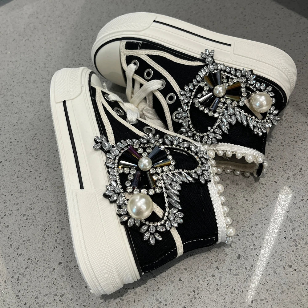 Women Black Sneakers Heart Shape Rhinestone Big Pearl Luxury Design Round Toe High Top Lace-up Girls Canvas Shoes Very Cool