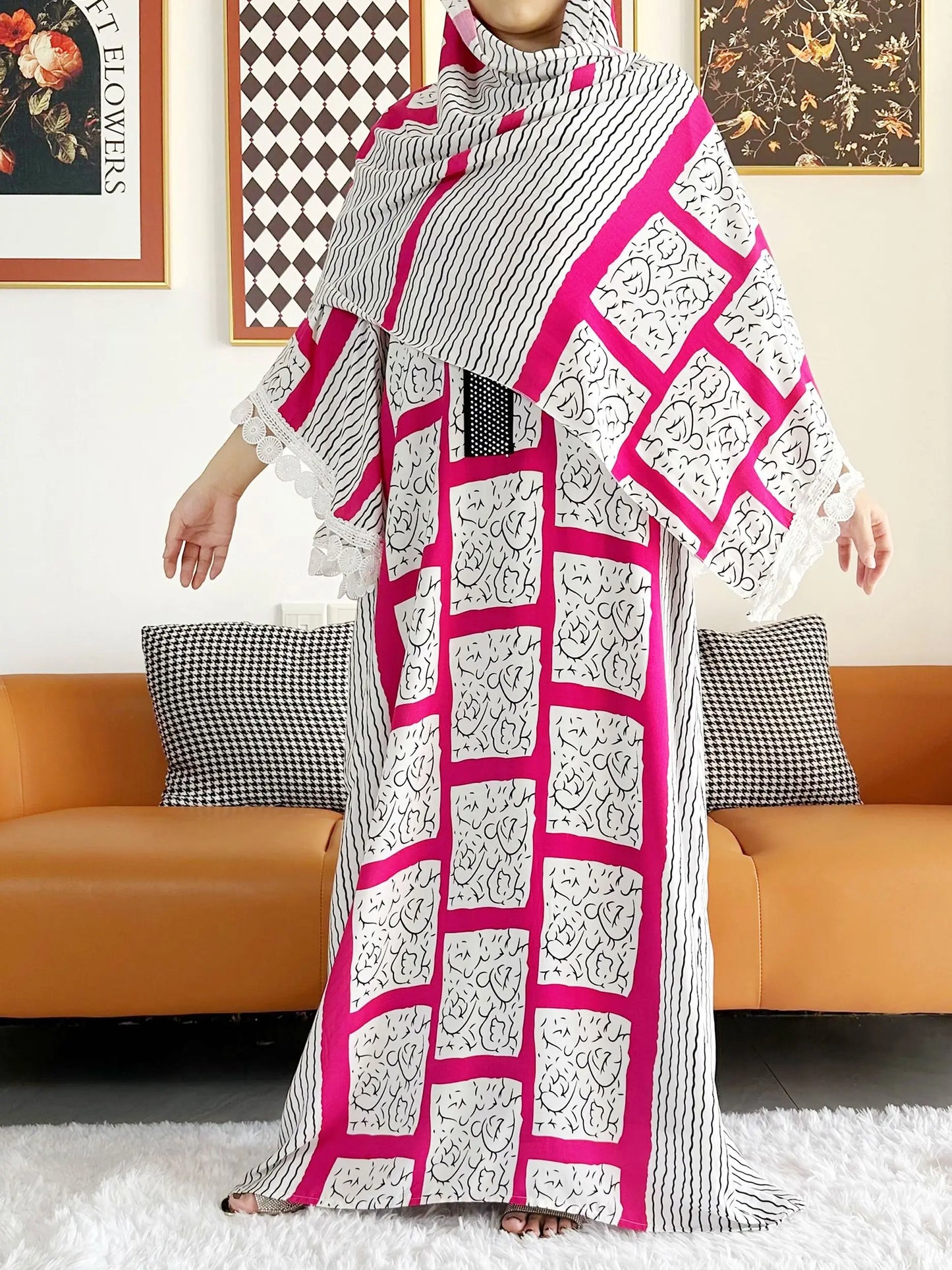 2023 African Lady Eid Dress with Big Scarf Cotton Wave Point Printed Loose Floral Boubou Maxi Islam Women Short Sleeve Abaya