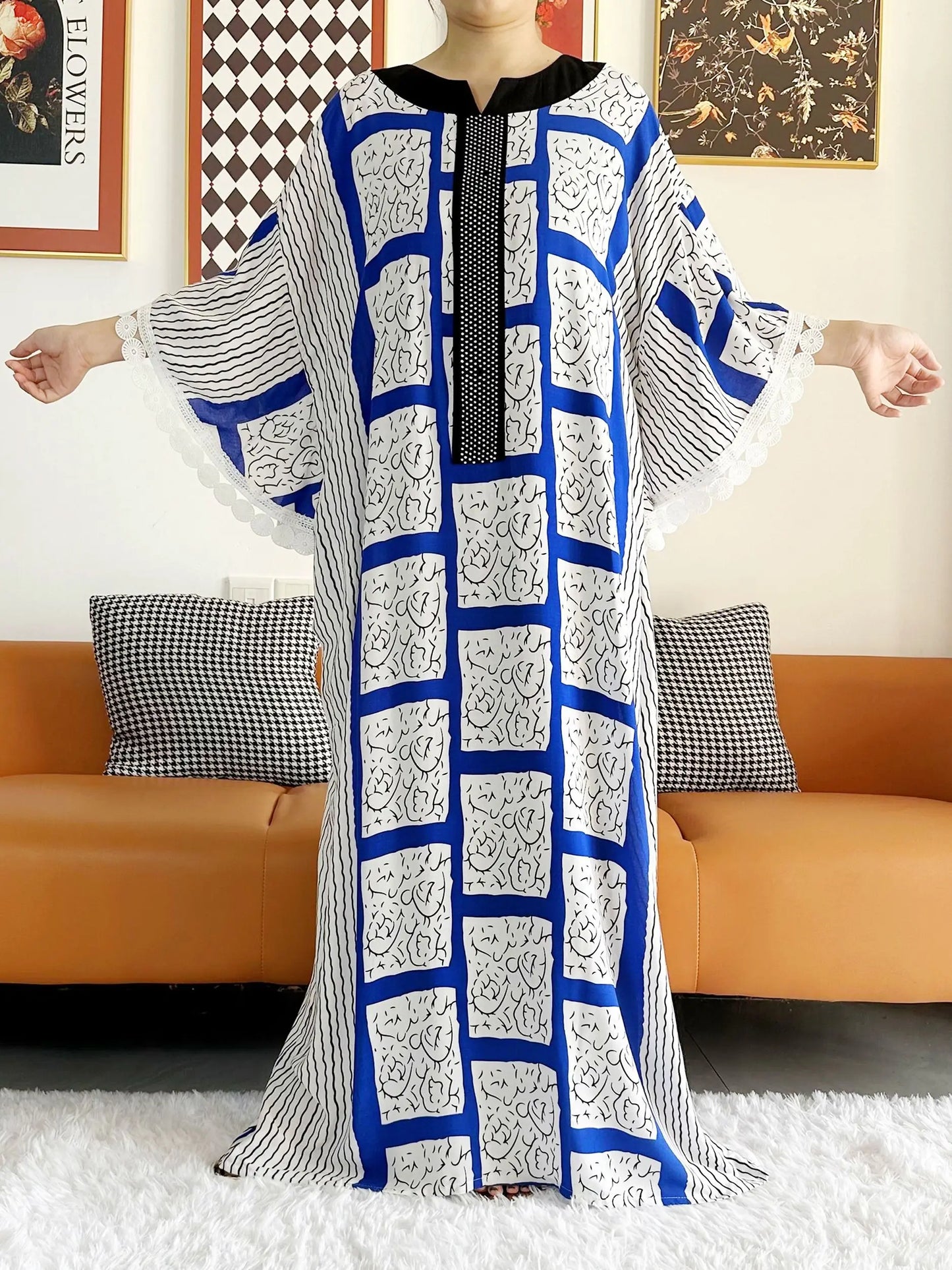 2023 African Lady Eid Dress with Big Scarf Cotton Wave Point Printed Loose Floral Boubou Maxi Islam Women Short Sleeve Abaya