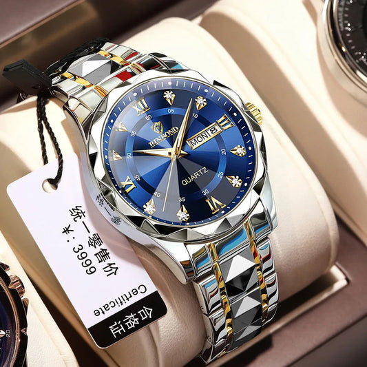 BINBOND Authentic Men's Watch Waterproof Night Glow Double Calendar Watch Men's Quartz Watch Diamond Pointed Glass