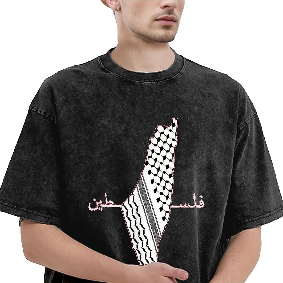 Oversized Washed T-Shirt Keffiyeh Palestine Map  Cotton T Shirts Flag Popular Tshirt for Unisex Summer Y2K Fun Print Clothing